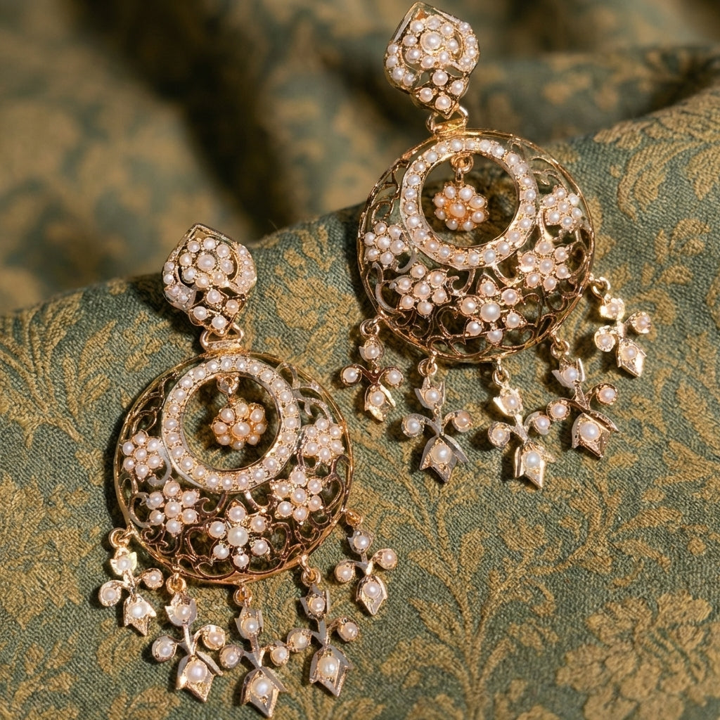 Antique Style Pearl Chandbali Earrings | Indo Western Design Jewelry on Silver ER 610