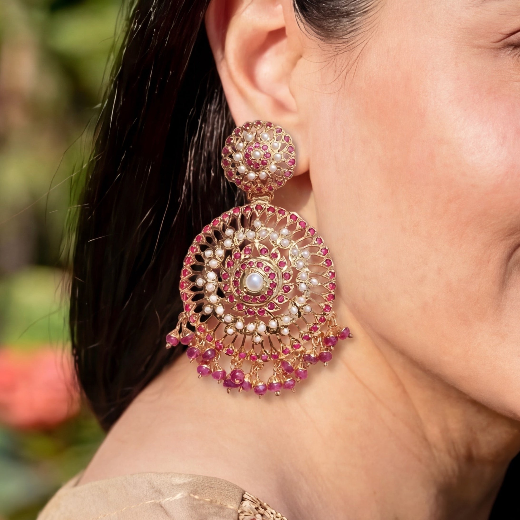 Finely Crafted Jadau Earrings | Gold Plated on Silver | Round Danglers ER 568