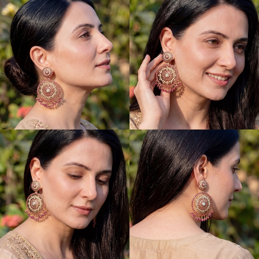 Finely Crafted Jadau Earrings | Gold Plated on Silver | Round Danglers ER 568