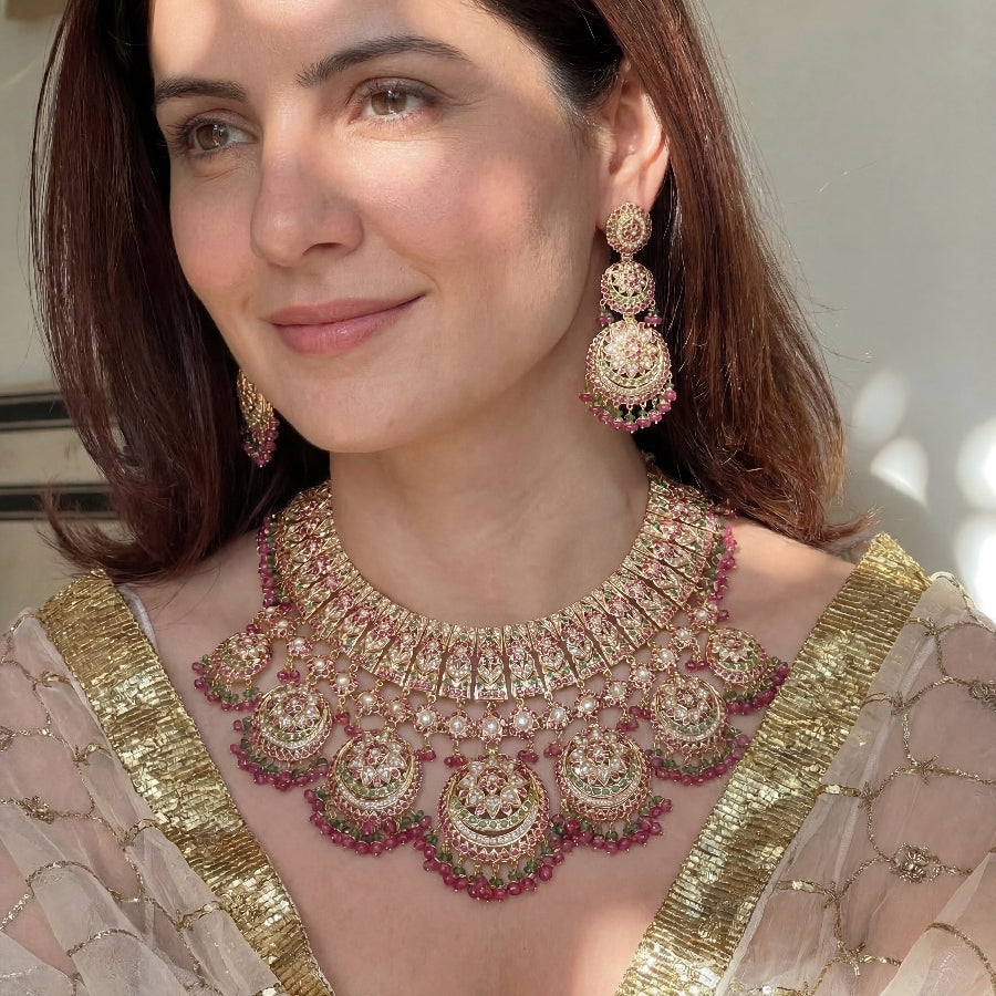 नवीनतम ब्राइडल ज्वेलरी सेट ऑनलाइन खरीदें | असली सोने का जड़ाऊ नेकलेस सेट GNS 122