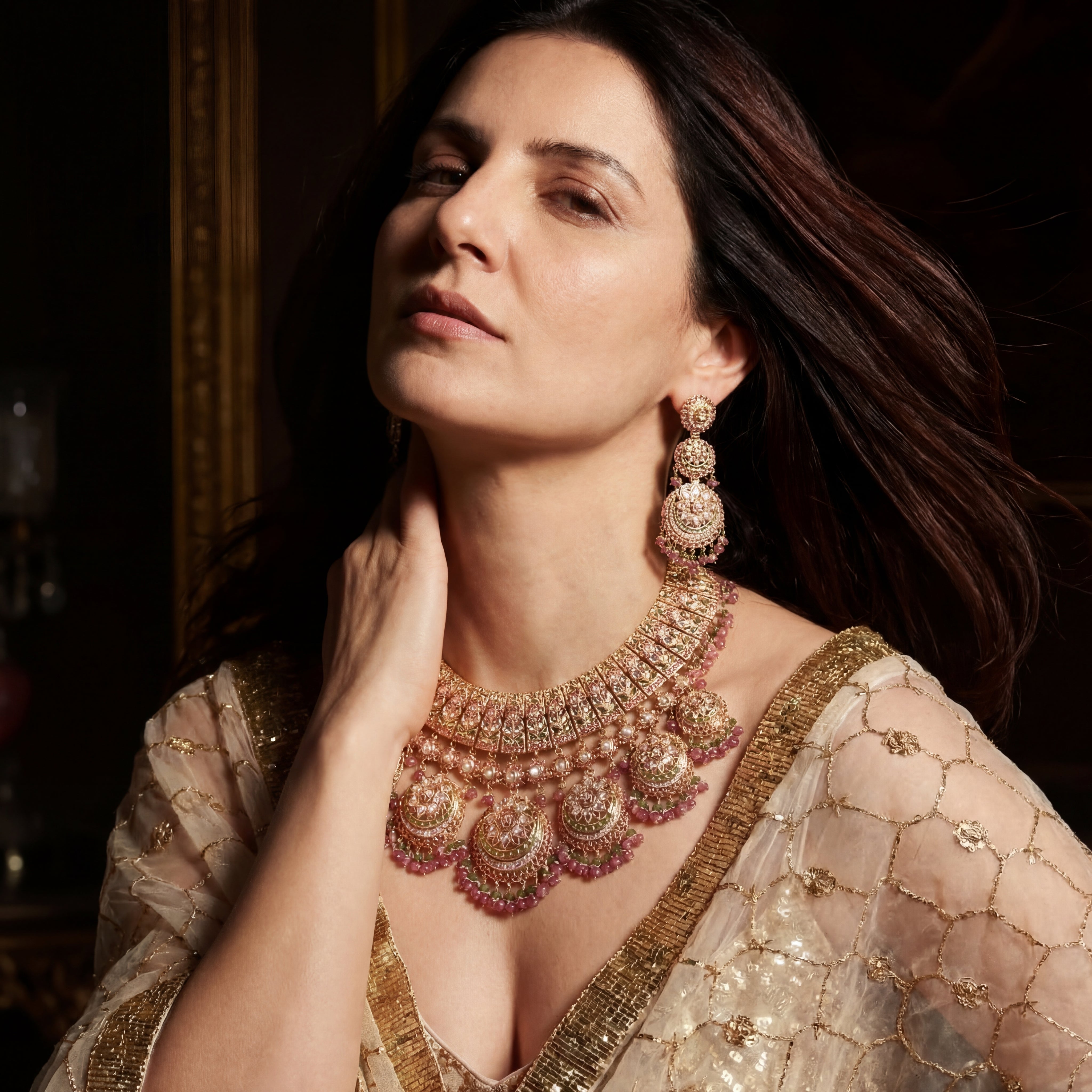 नवीनतम ब्राइडल ज्वेलरी सेट ऑनलाइन खरीदें | असली सोने का जड़ाऊ नेकलेस सेट GNS 122