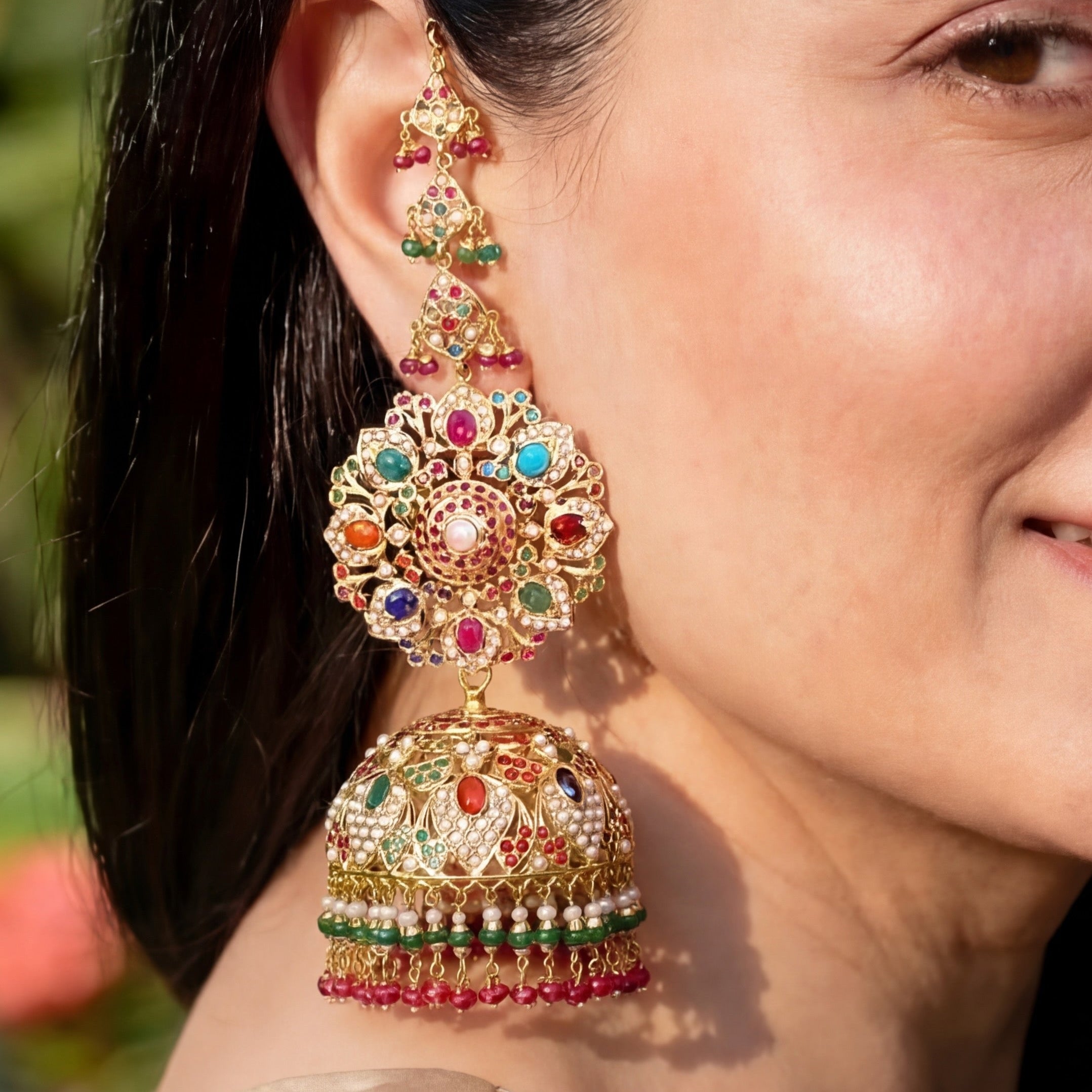 నవరత్న నగలు | స్టేట్మెంట్ ఇండియన్ గోల్డ్ ఝుమ్కాస్| 22k గోల్డ్ జడౌ GER 108