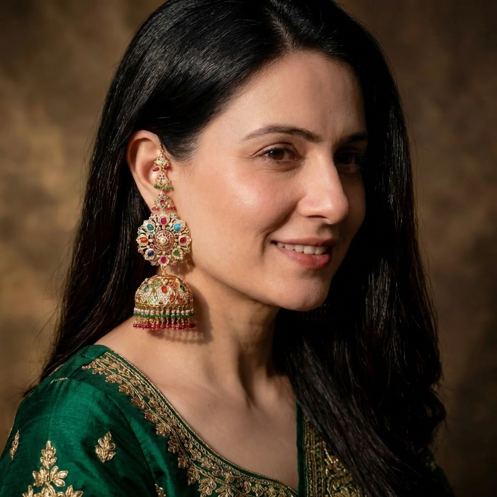 నవరత్న నగలు | స్టేట్మెంట్ ఇండియన్ గోల్డ్ ఝుమ్కాస్| 22k గోల్డ్ జడౌ GER 108