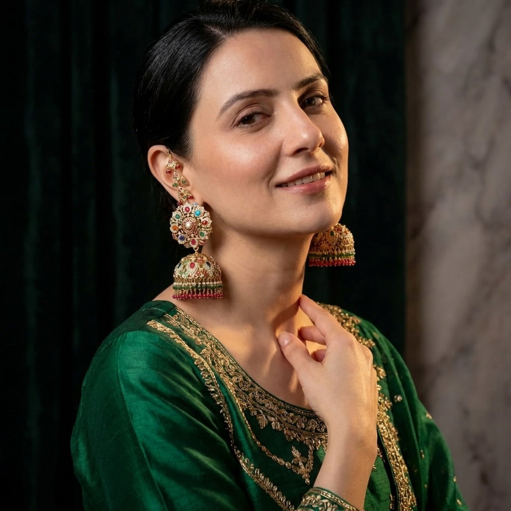 నవరత్న నగలు | స్టేట్మెంట్ ఇండియన్ గోల్డ్ ఝుమ్కాస్| 22k గోల్డ్ జడౌ GER 108