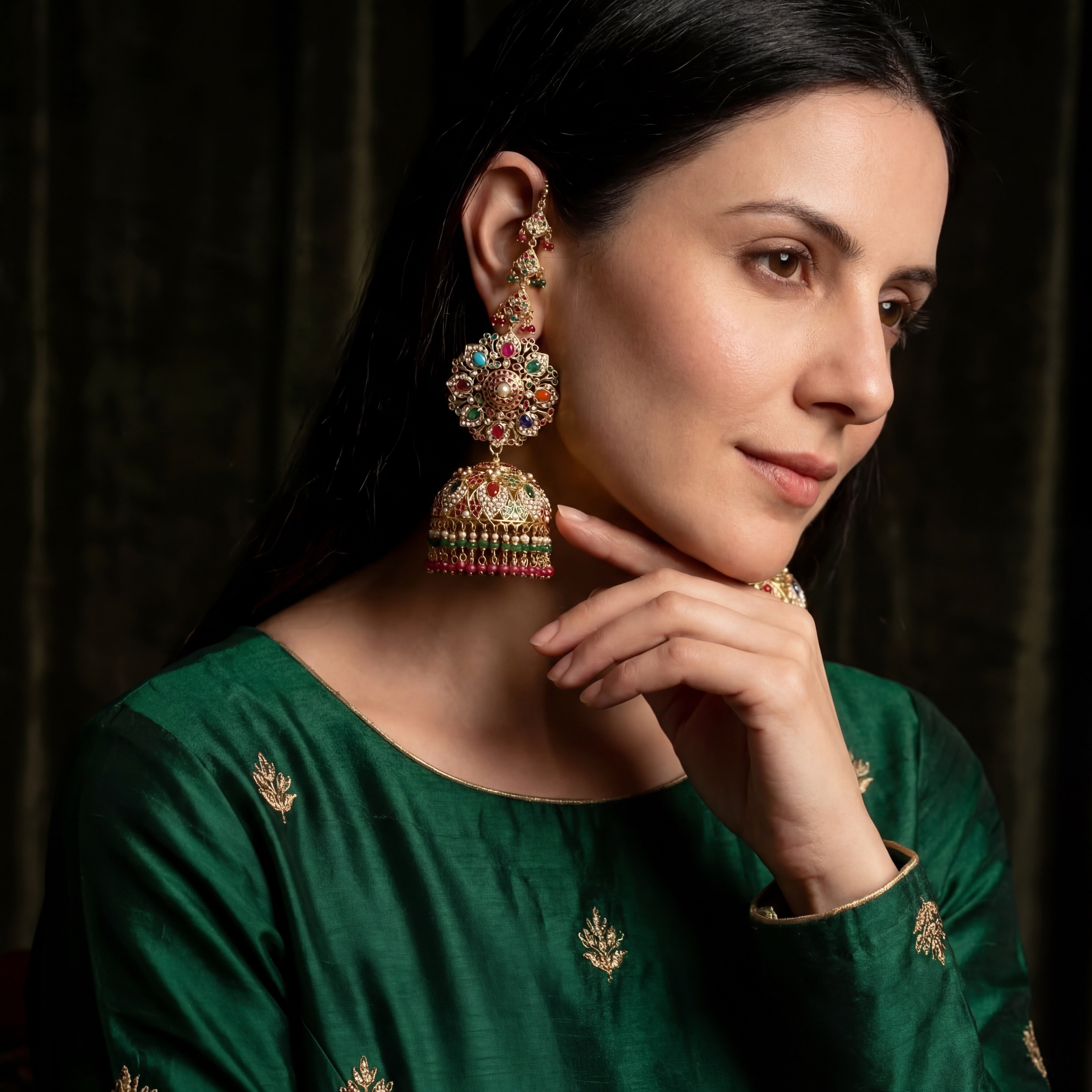 నవరత్న నగలు | స్టేట్మెంట్ ఇండియన్ గోల్డ్ ఝుమ్కాస్| 22k గోల్డ్ జడౌ GER 108