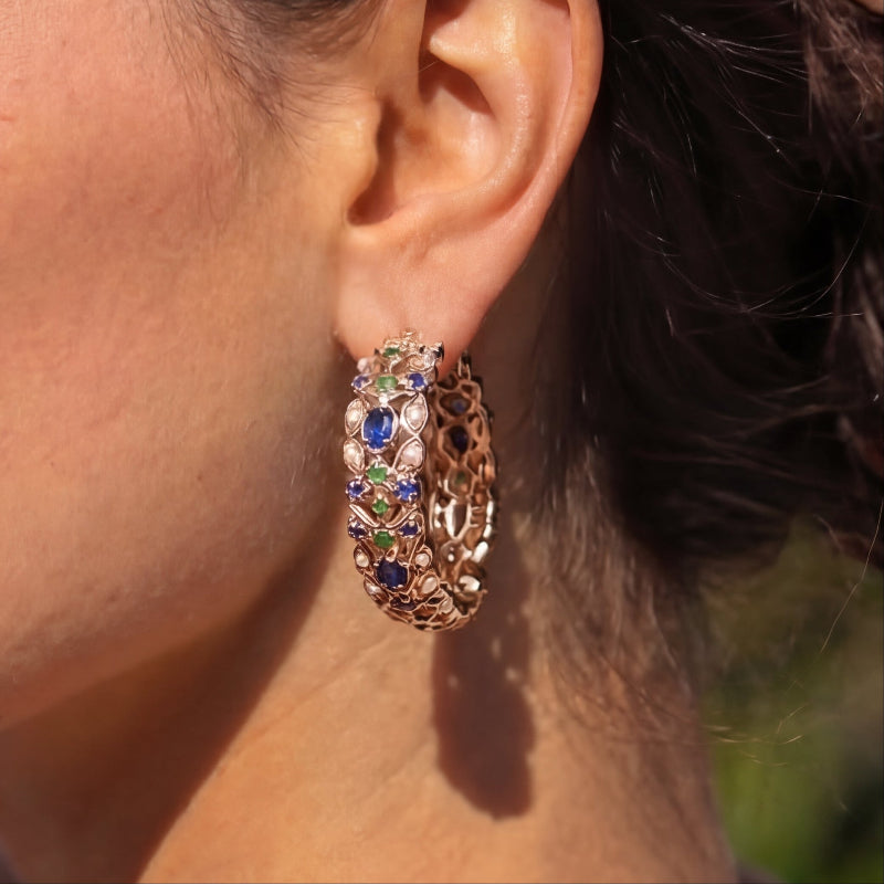 Jadau Hoop Earrings | Handcrafted Bali Earrings | Emerald Sapphire Hoops | ER 479