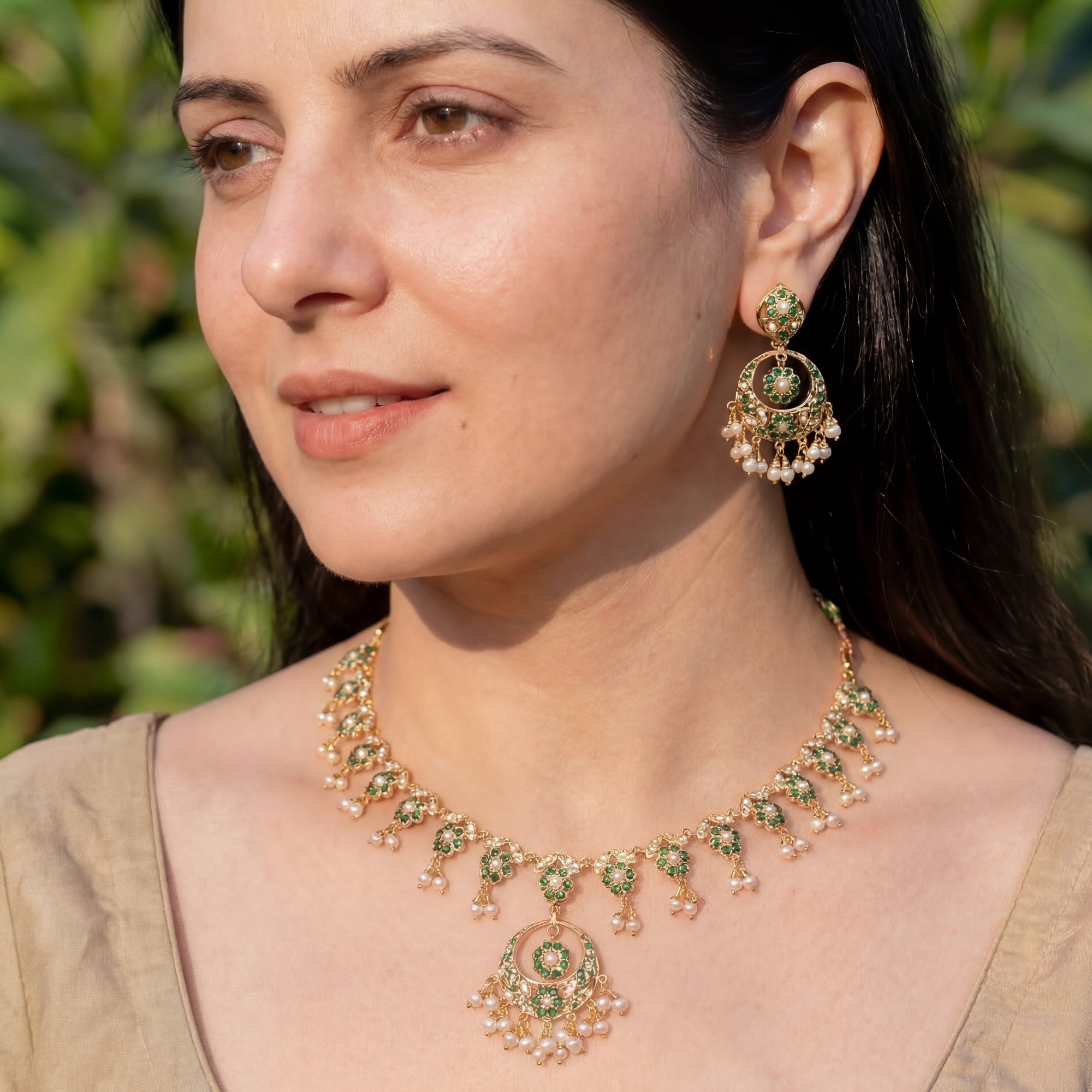 Delicate Emerald Pearl Necklace with Chandbali Earrings | Handcrafted Jadau Jewellery | NS 351