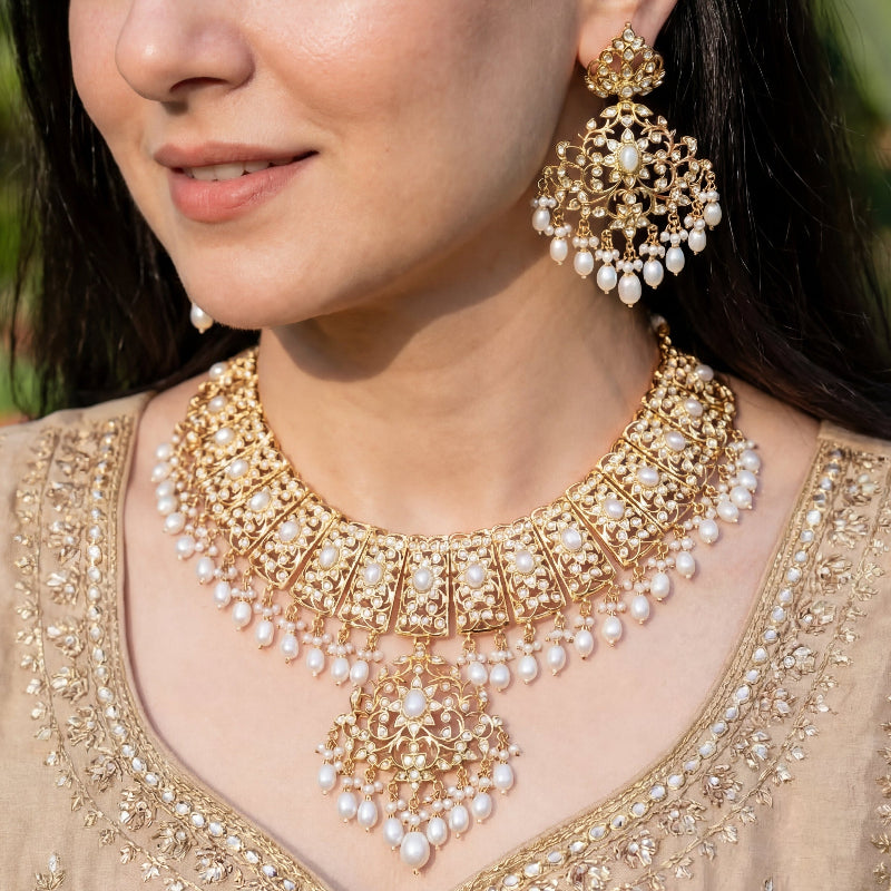 Gold Plated Pearl Bridal Necklace Set in Silver NS 032