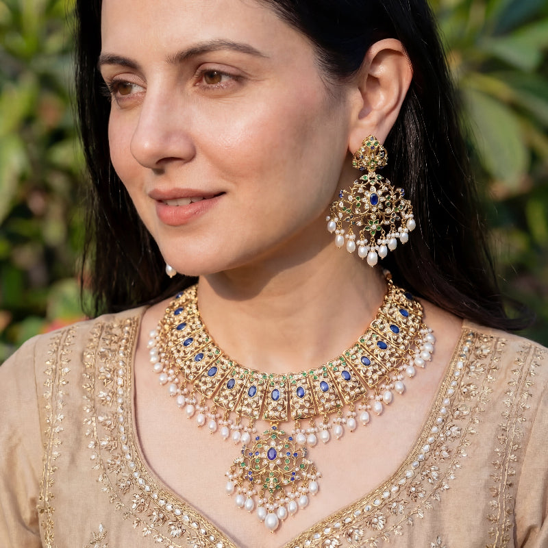 Silver Necklace Set Gold Plated | Stone & Pearl Studded | Bridal Wear NS 079