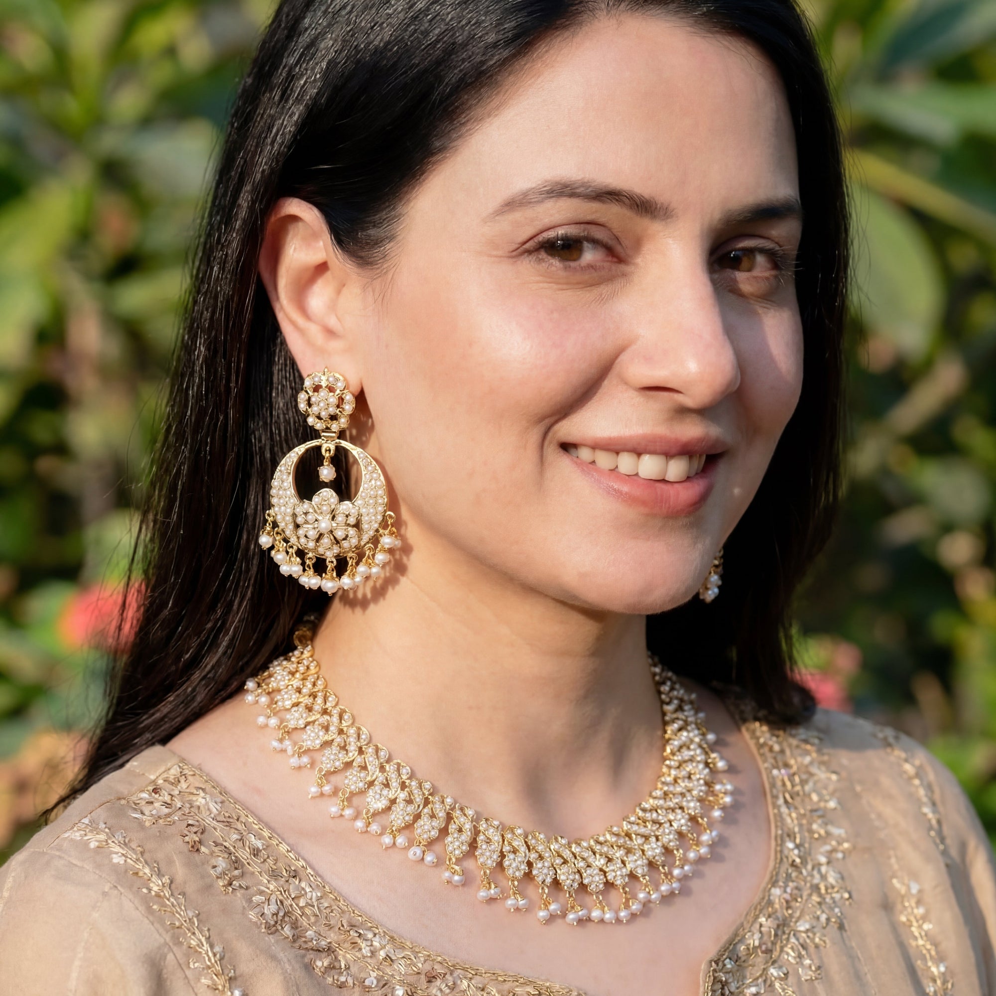 Silver Indian Jewellery Set | 22k Gold Plated | Real Pearl Studded NS 007