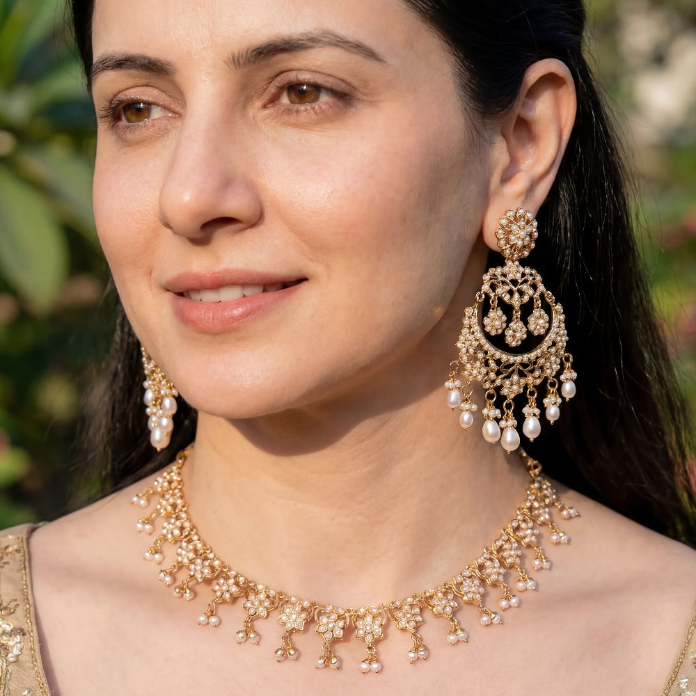 Delicate Necklace with Statement Chandbali Earrings | Traditional Indian Jewelry on Gold Plated Silver NS 447