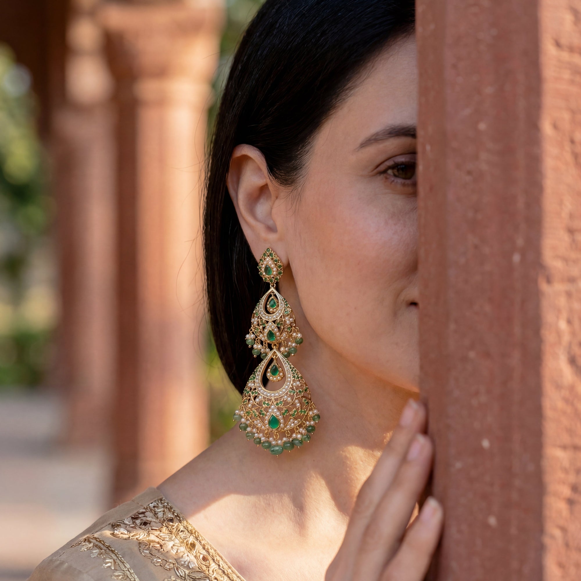 Statement Emerald Earrings | Extra Tall Danglers | Silver with Gold plating ER 307