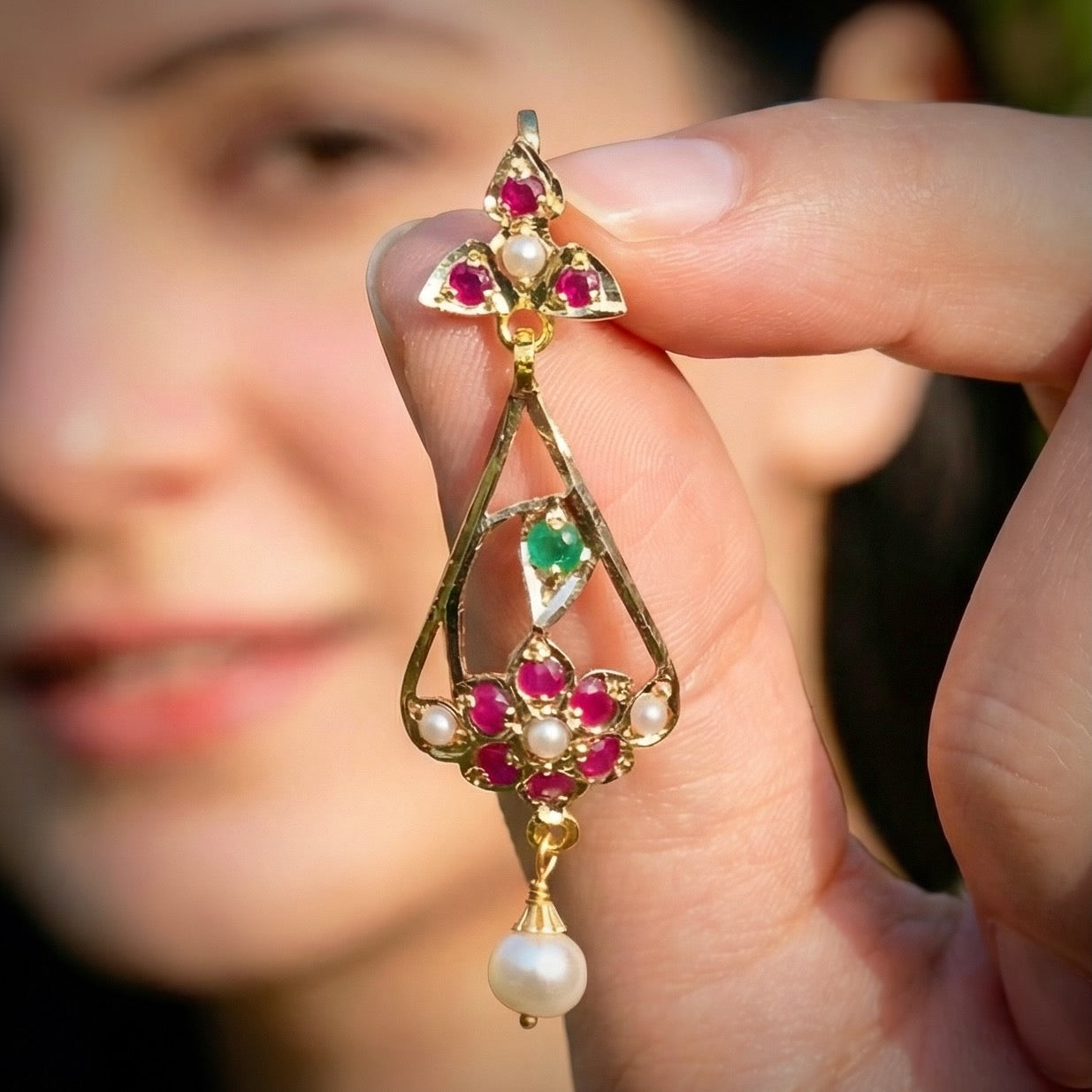 Dainty Gold Earrings Studded with Pearls Rubies and Emeralds | Lightweight Earrings on 22k GoldGER 112