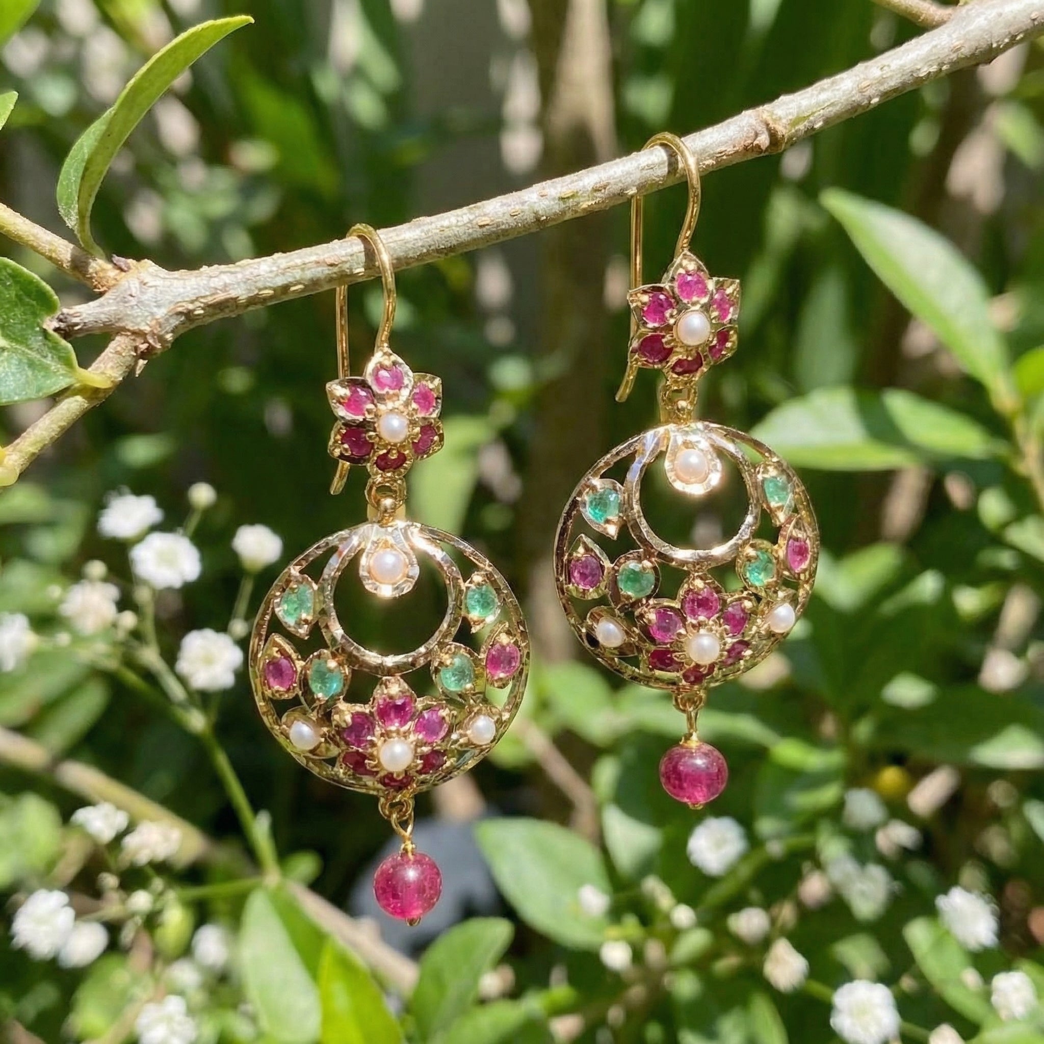 Delicate Jadau Chandbali on 22k Gold | Fishhook Closure | Real Rubies and Emeralds GER 114
