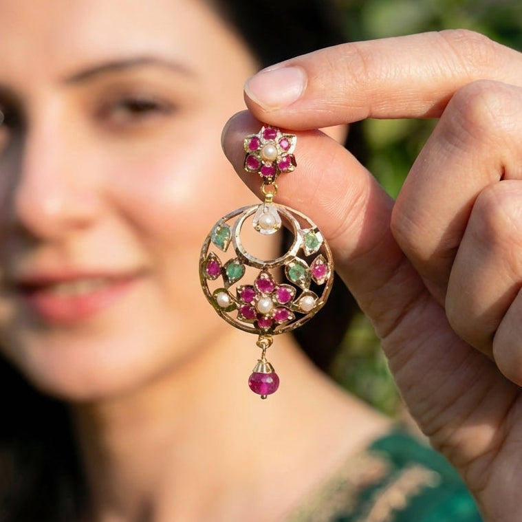 Delicate Jadau Chandbali on 22k Gold | Fishhook Closure | Real Rubies and Emeralds GER 114