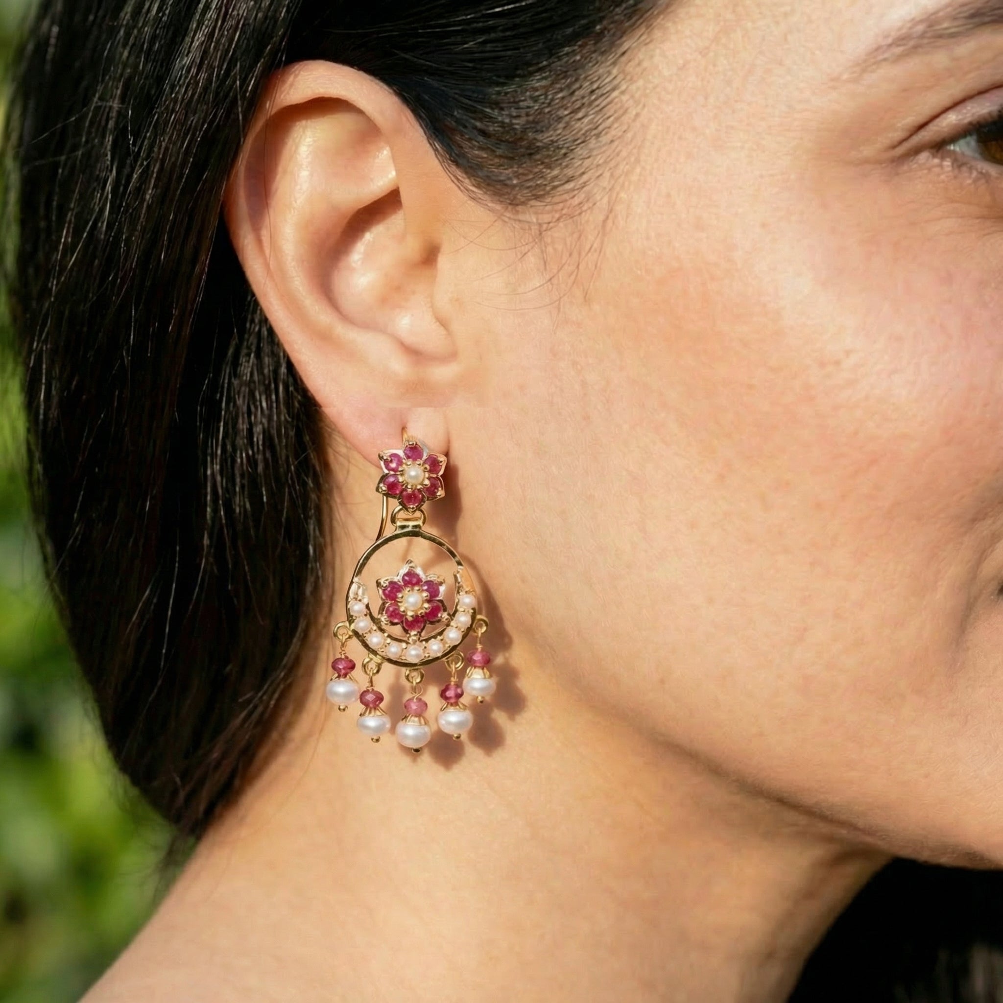 Small Jadau Earrings on 22k Gold | Fishhook Chandbali | Real Rubies and Pearls GER 117