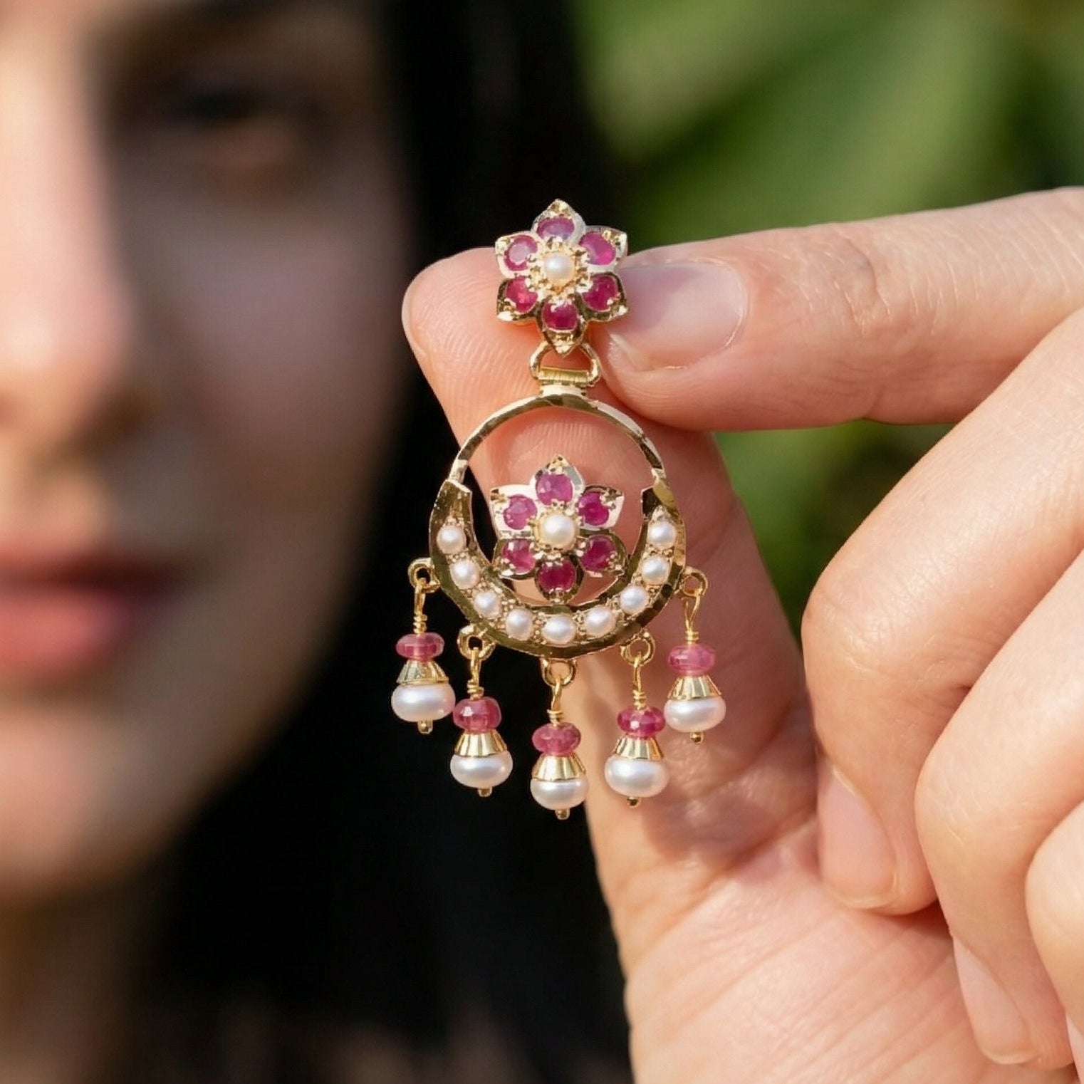 Small Jadau Earrings on 22k Gold | Fishhook Chandbali | Real Rubies and Pearls GER 117