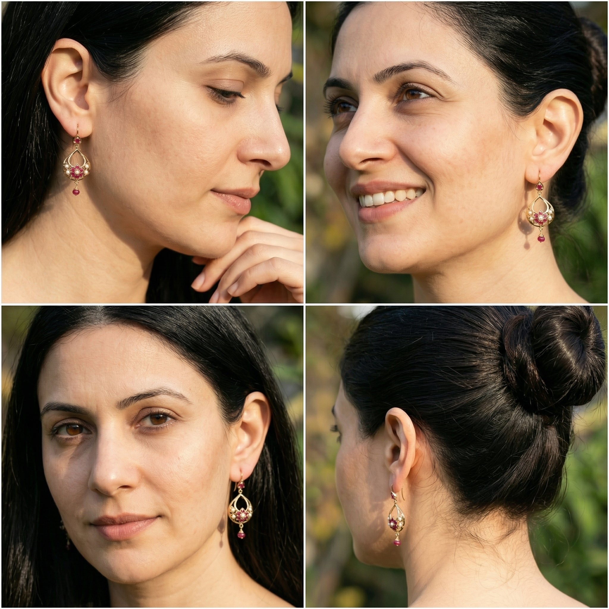 Dainty Drop Shaped Jadau Earrings on 22k Gold | Fishhook Closure | Real Rubies and Pearls Studded GER 118