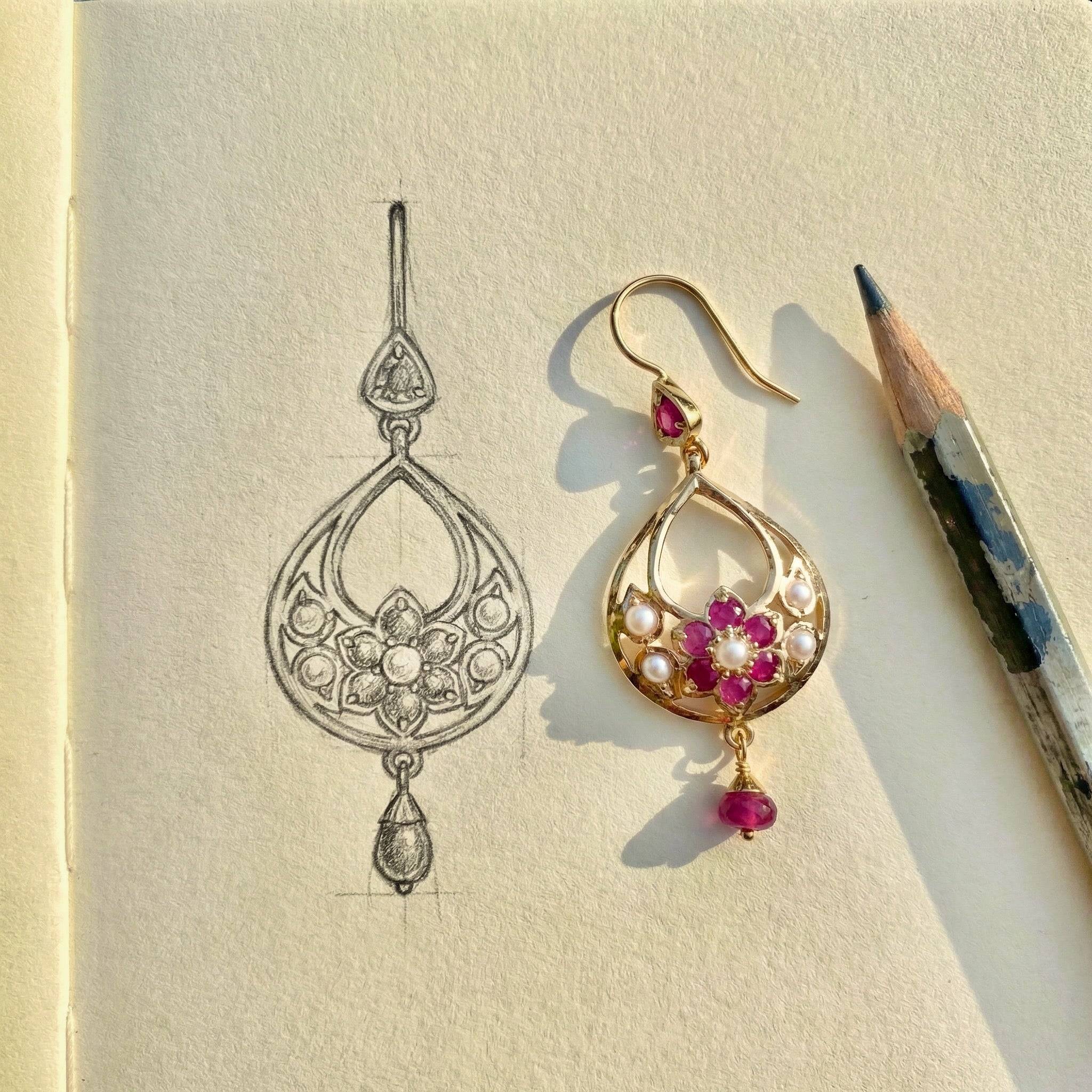 Dainty Drop Shaped Jadau Earrings on 22k Gold | Fishhook Closure | Real Rubies and Pearls Studded GER 118