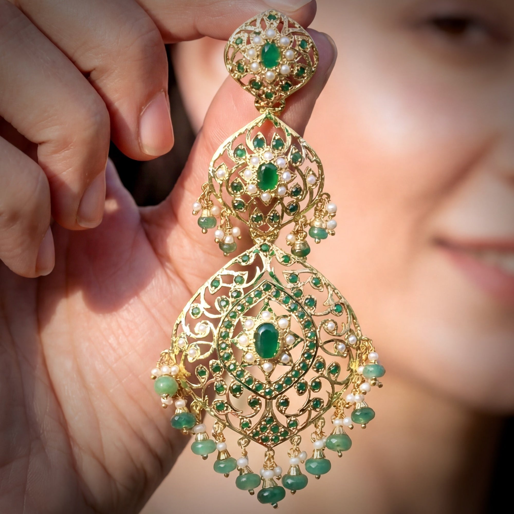 Statement Emerald Green Danglers | Gold Plated on 925 Silver Base ER 666