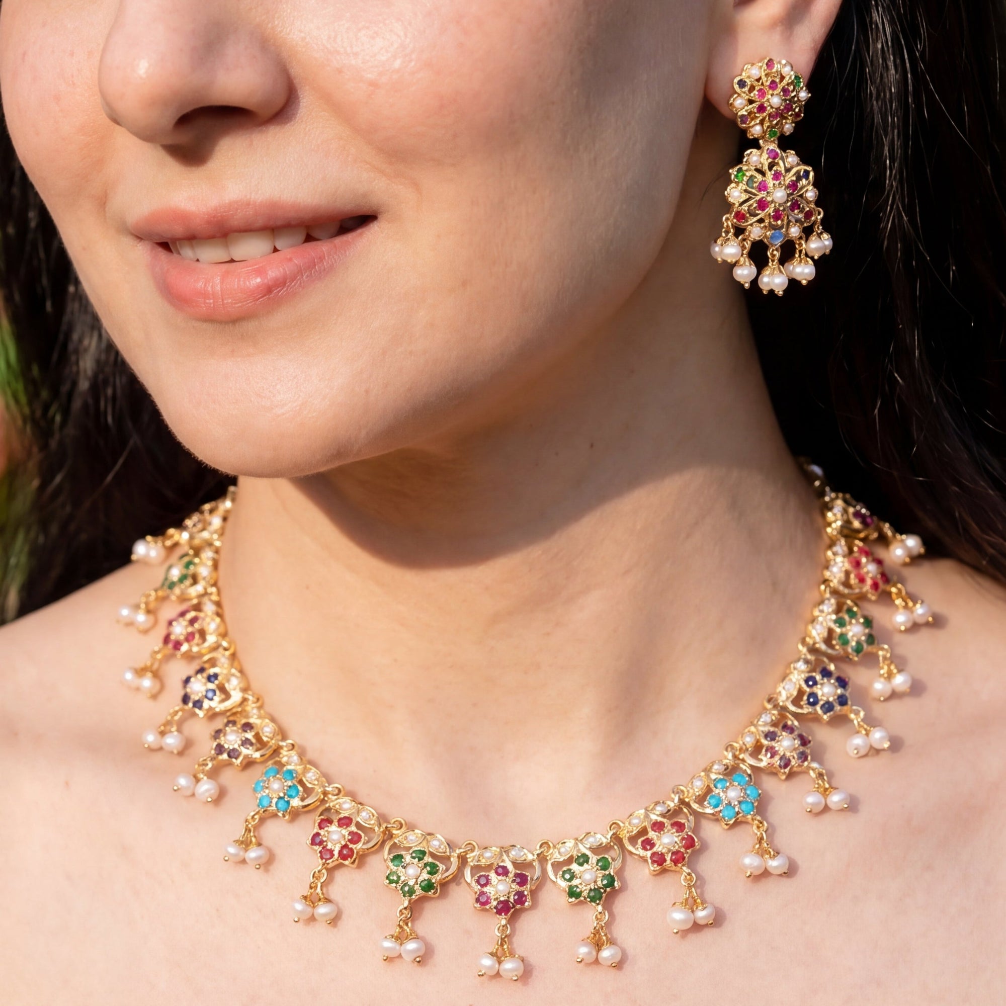 Gold Plated Navratna Jewelry Set | Dainty & Classic Design NS 216