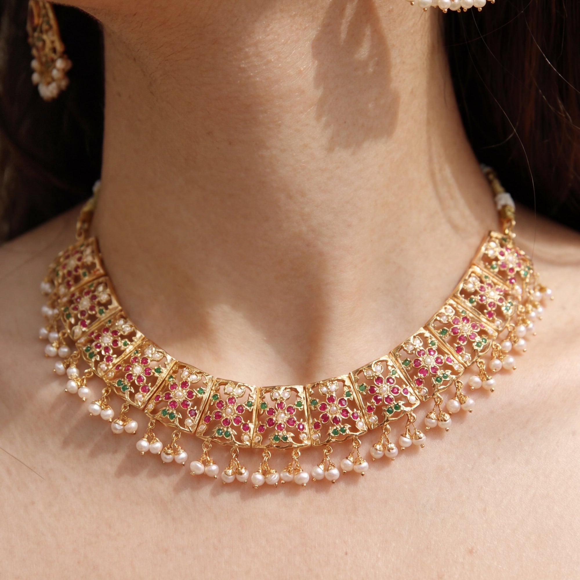 Gold Plated Silver Necklace Set | Multicoloured Jadau Set For Women NS 226