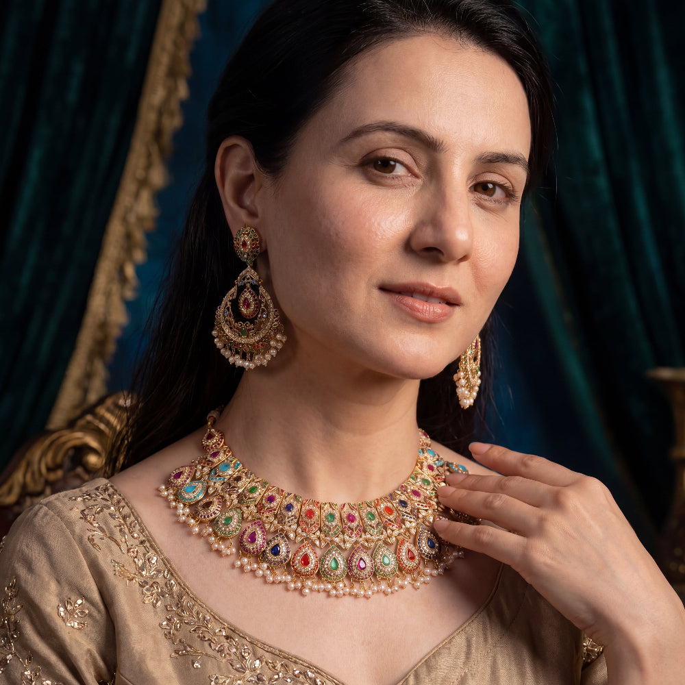 Bridal-wear Jadau Set | Pearl & Navratna Gemstones | 22k Gold GNS 003