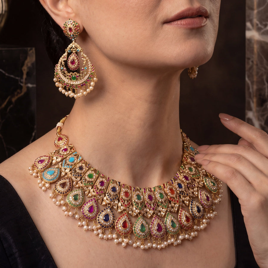 Bridal-wear Jadau Set | Pearl & Navratna Gemstones | 22k Gold GNS 003