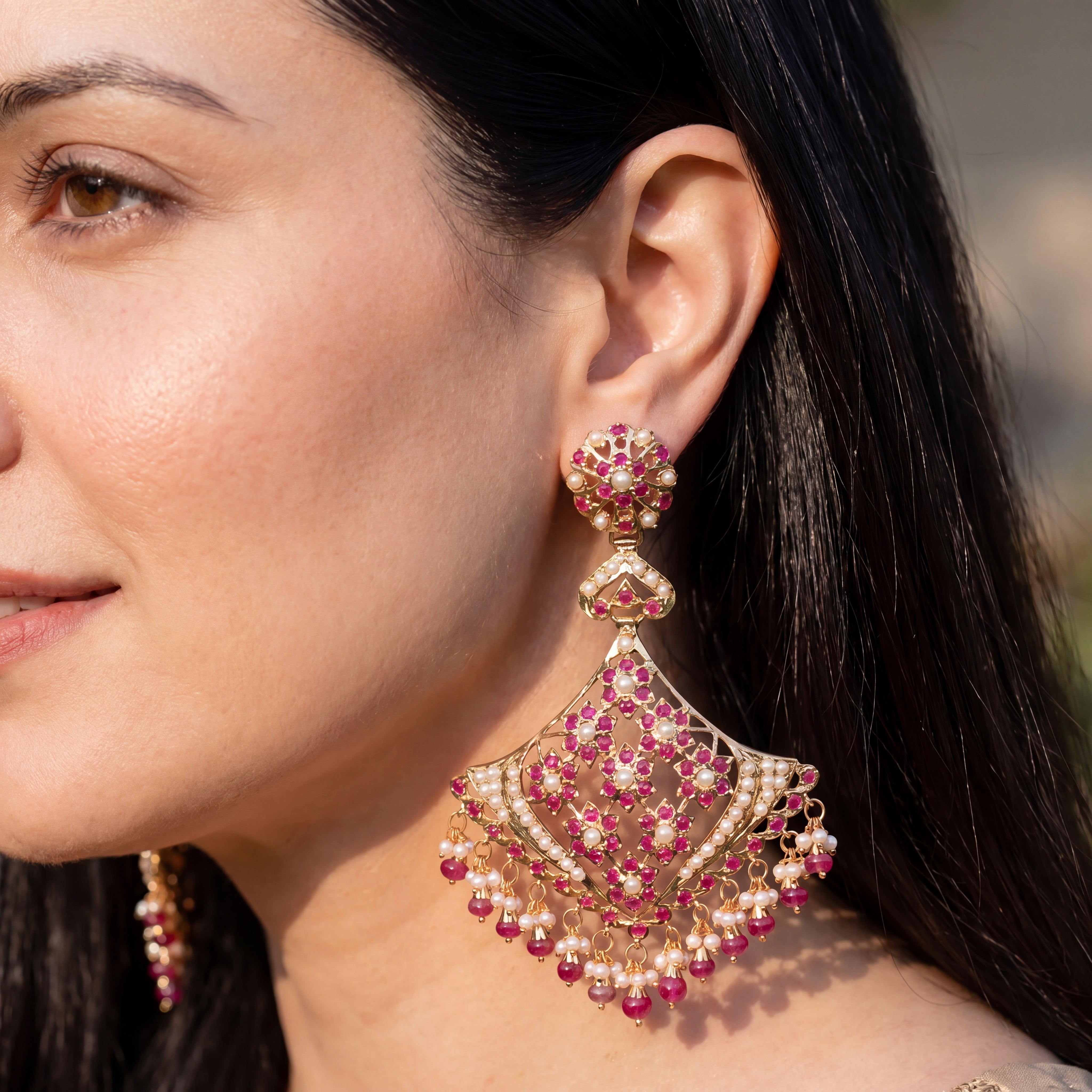 Floral Jadau Earrings | Ruby Pearl Combination | ER 426