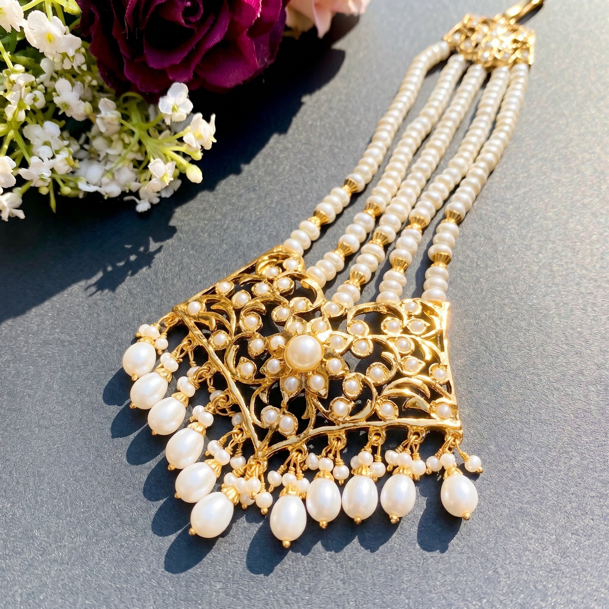 Pearl Jhoomar in Gold Plated Silver | Traditional Passa for Bridal Wear JHR 011