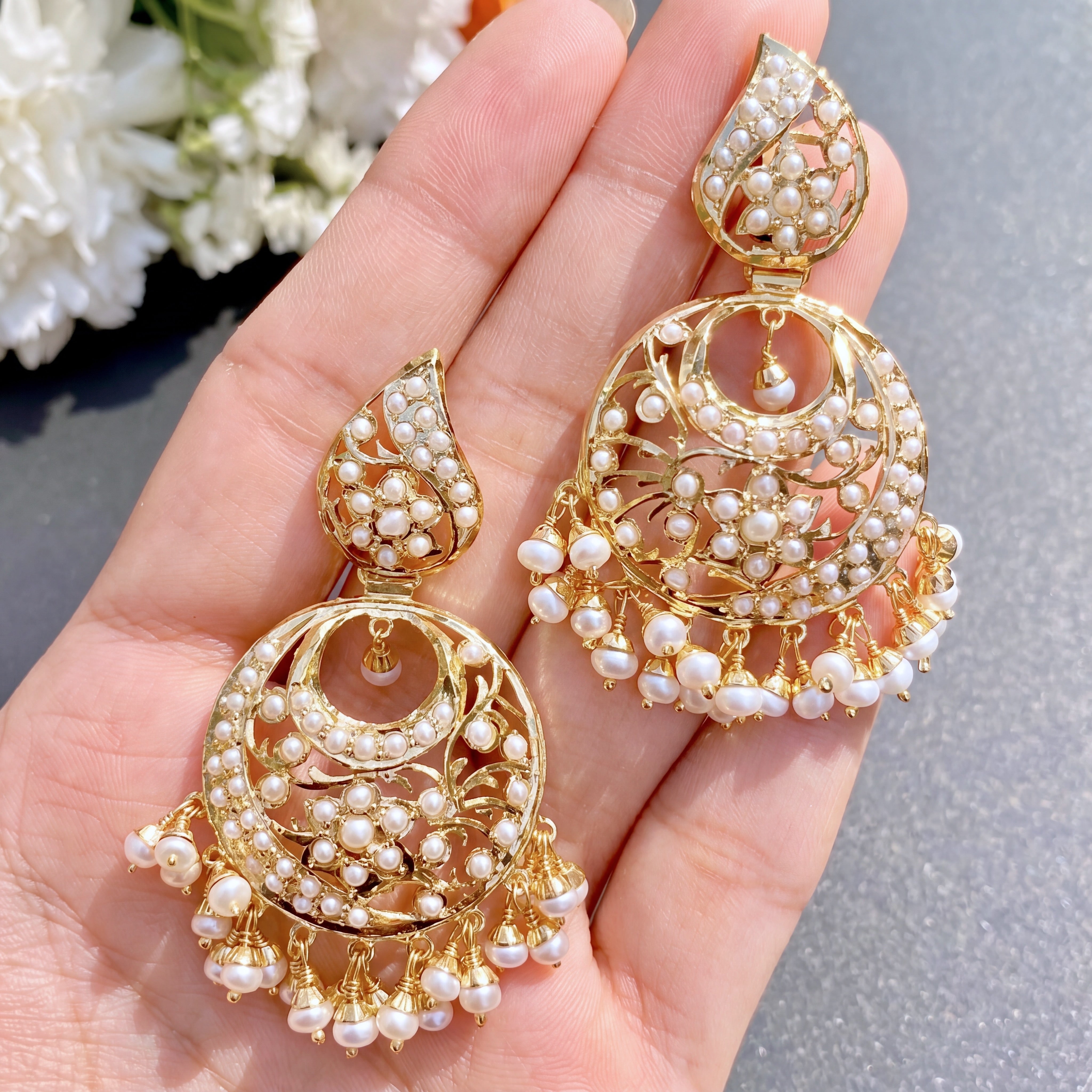 Pearl Chandbali Earrings on Silver with Gold Plating ER 174