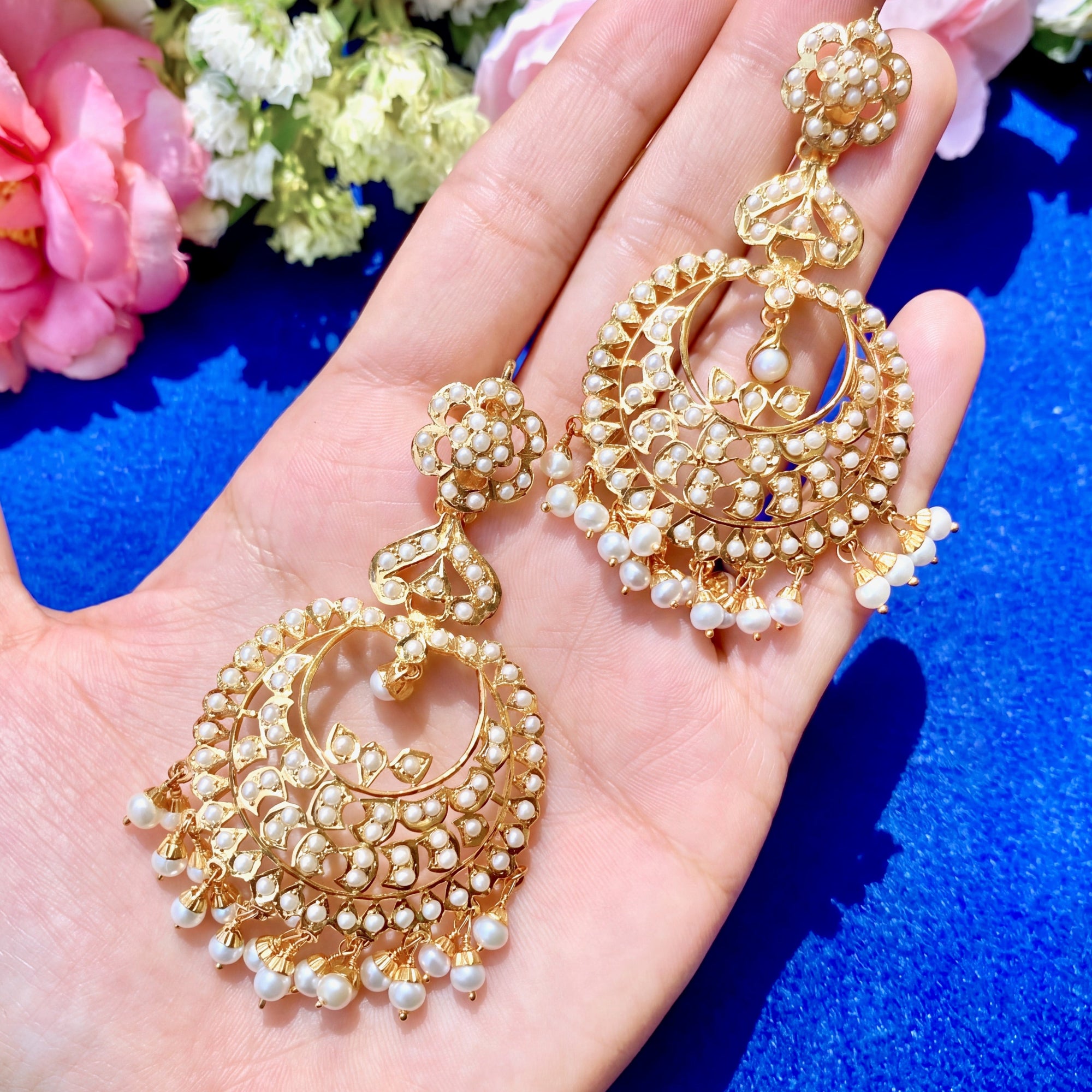Long Jadau Chandbali Earrings | Fine Pearl Jewellery | Gold Plated Silver ER 040