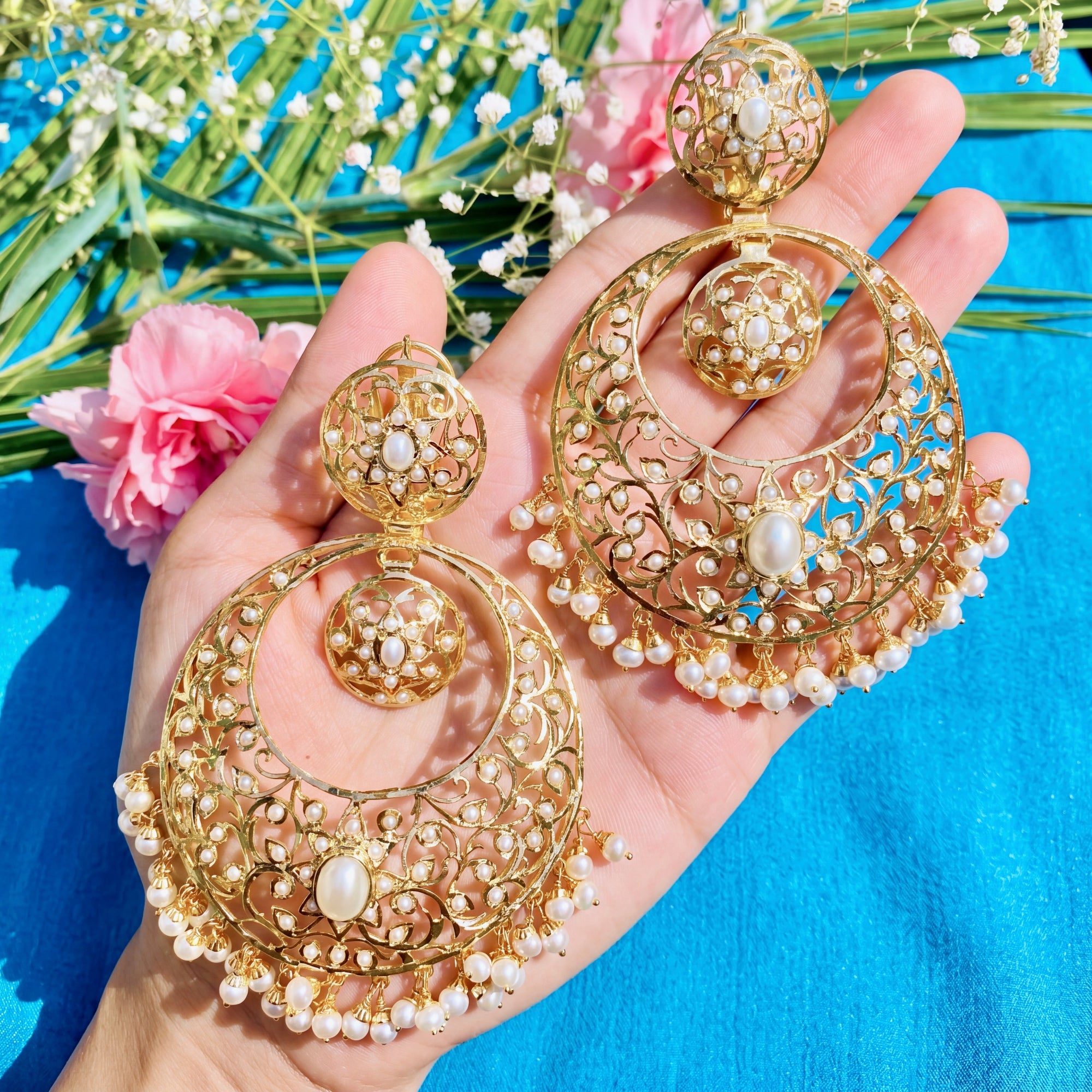 Pearls Studded Ethnic Chandbali Earrings | Gold Plated on Sterling Silver ER 005