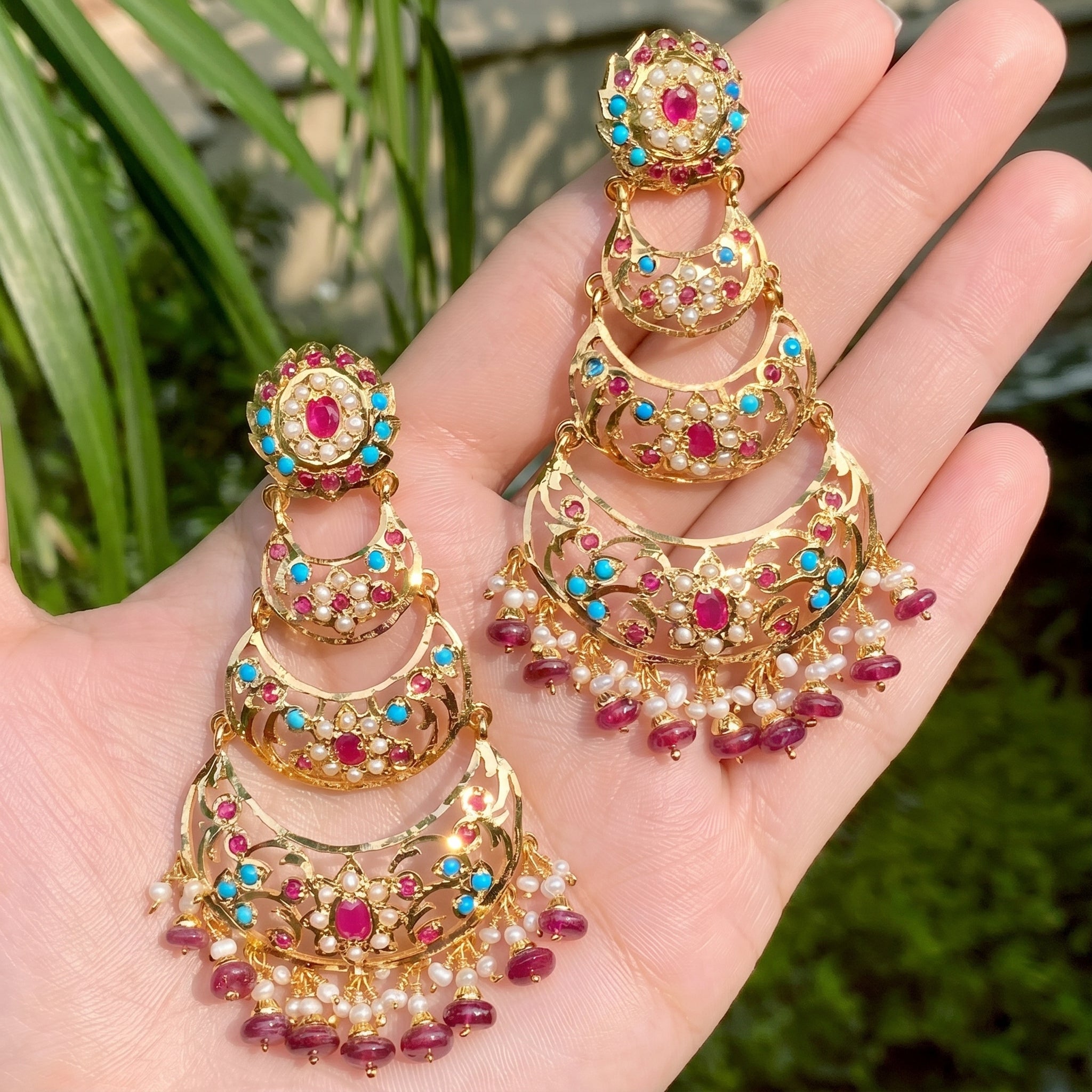 Ethnic Gold Plated Danglers | Ruby Pearl & Feroza | Jadau Earrings ER 324