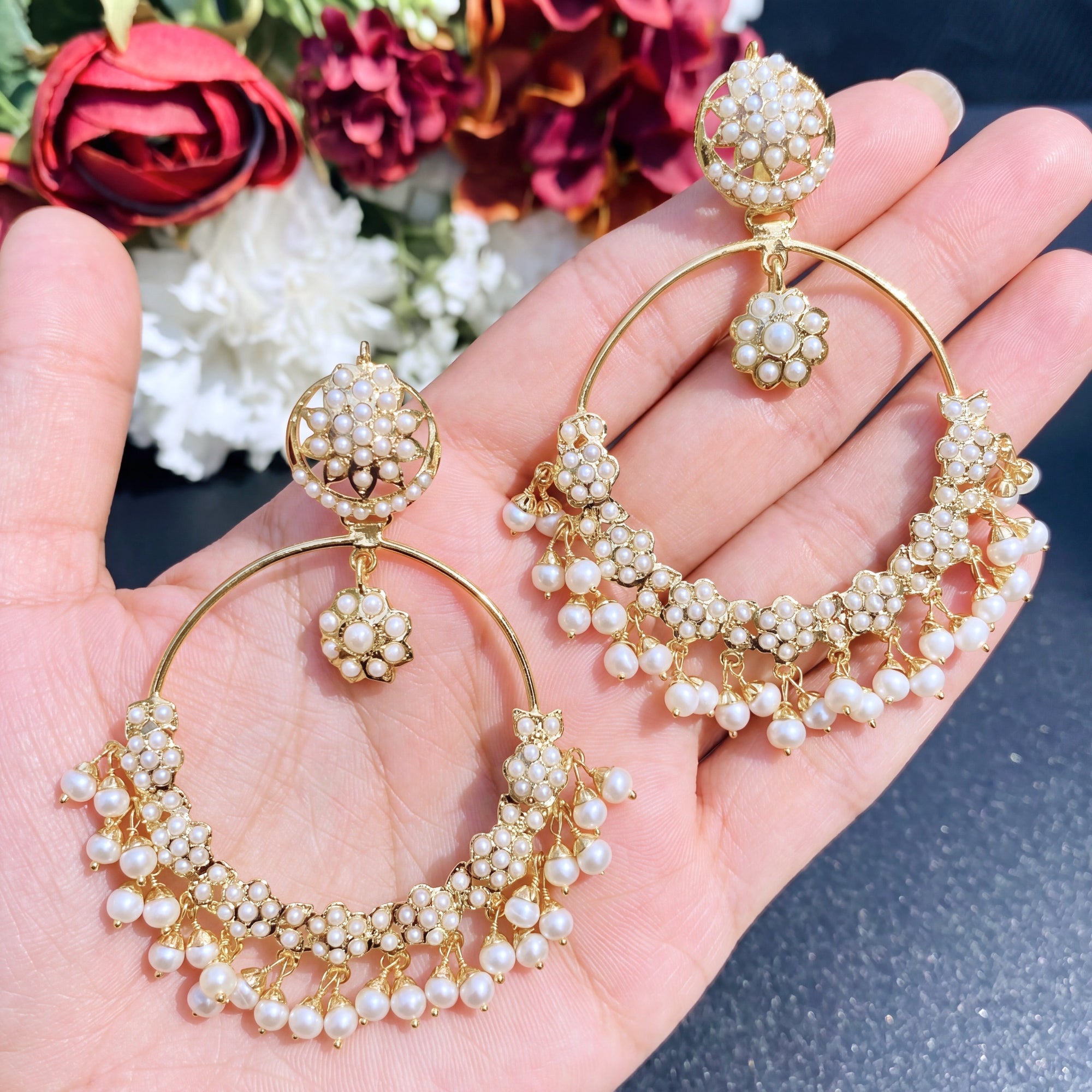 Gold Plated Hoop Earrings in Silver Adorned with Pearls ER 181