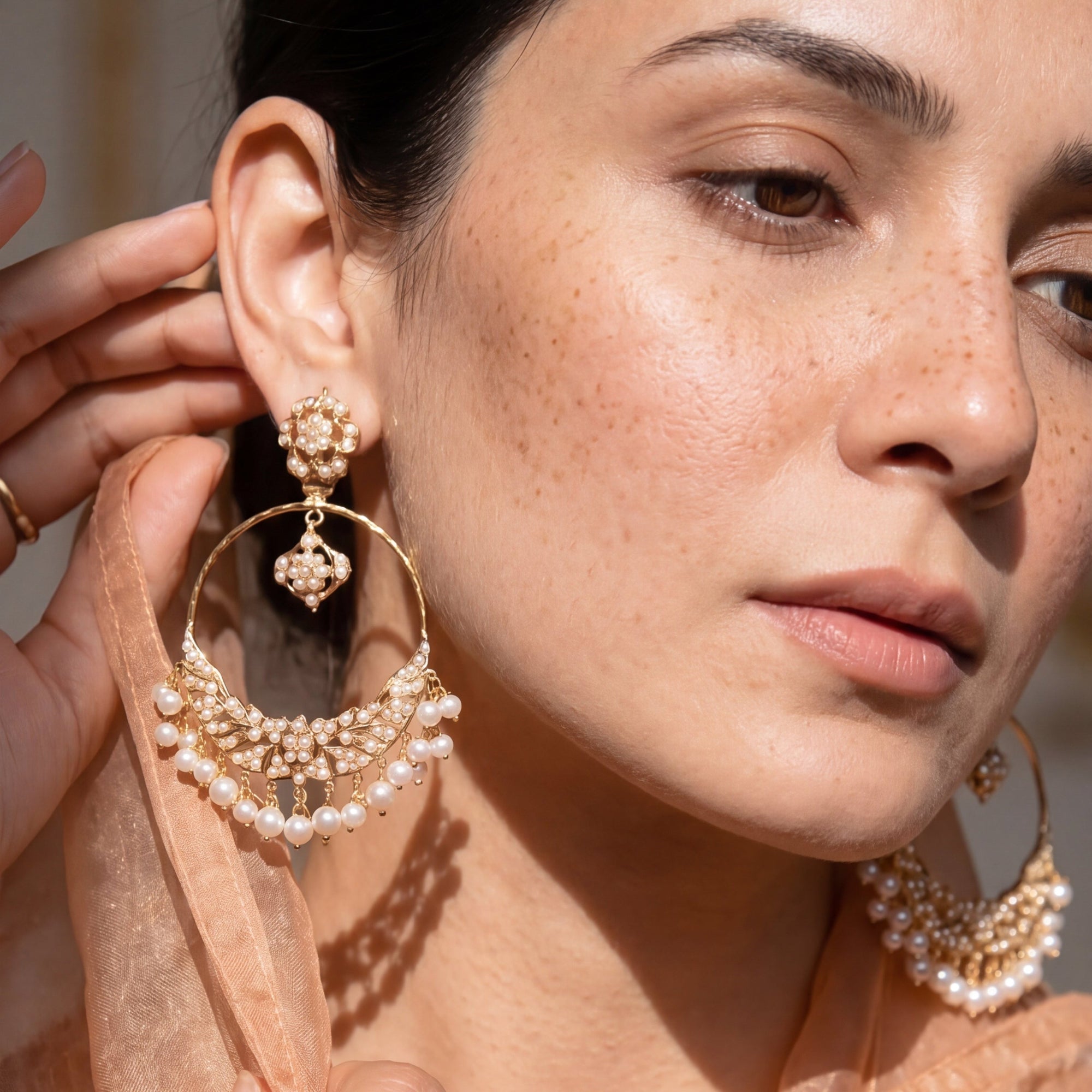 Ethnic Pearl Chandbali Earrings | Pearl Hoop Earrings | Gold Plated Silver ER 264