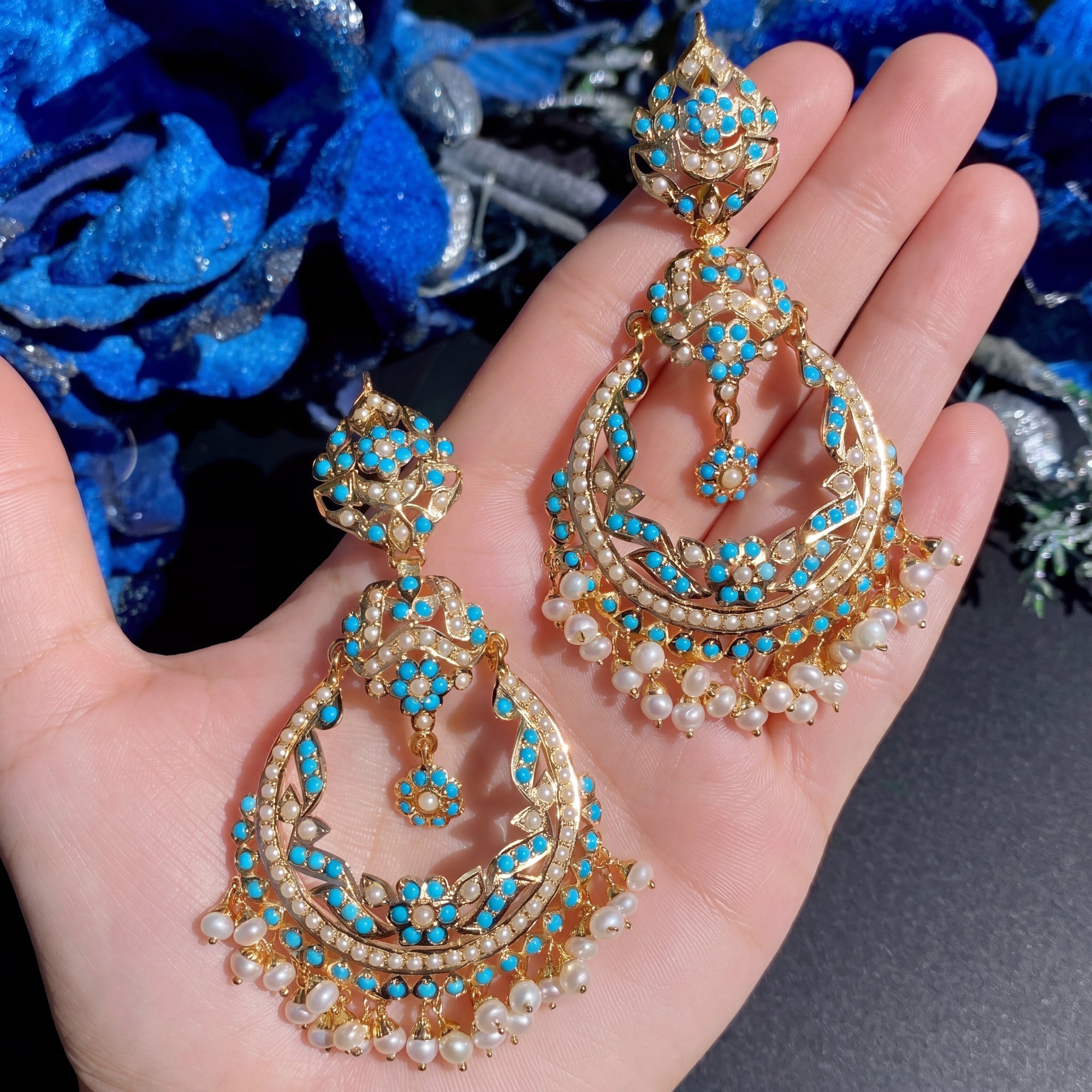 Statement Pearl-Turquoise Jadau Chandbali Earrings | Gold Plated on 925 Silver ER 053