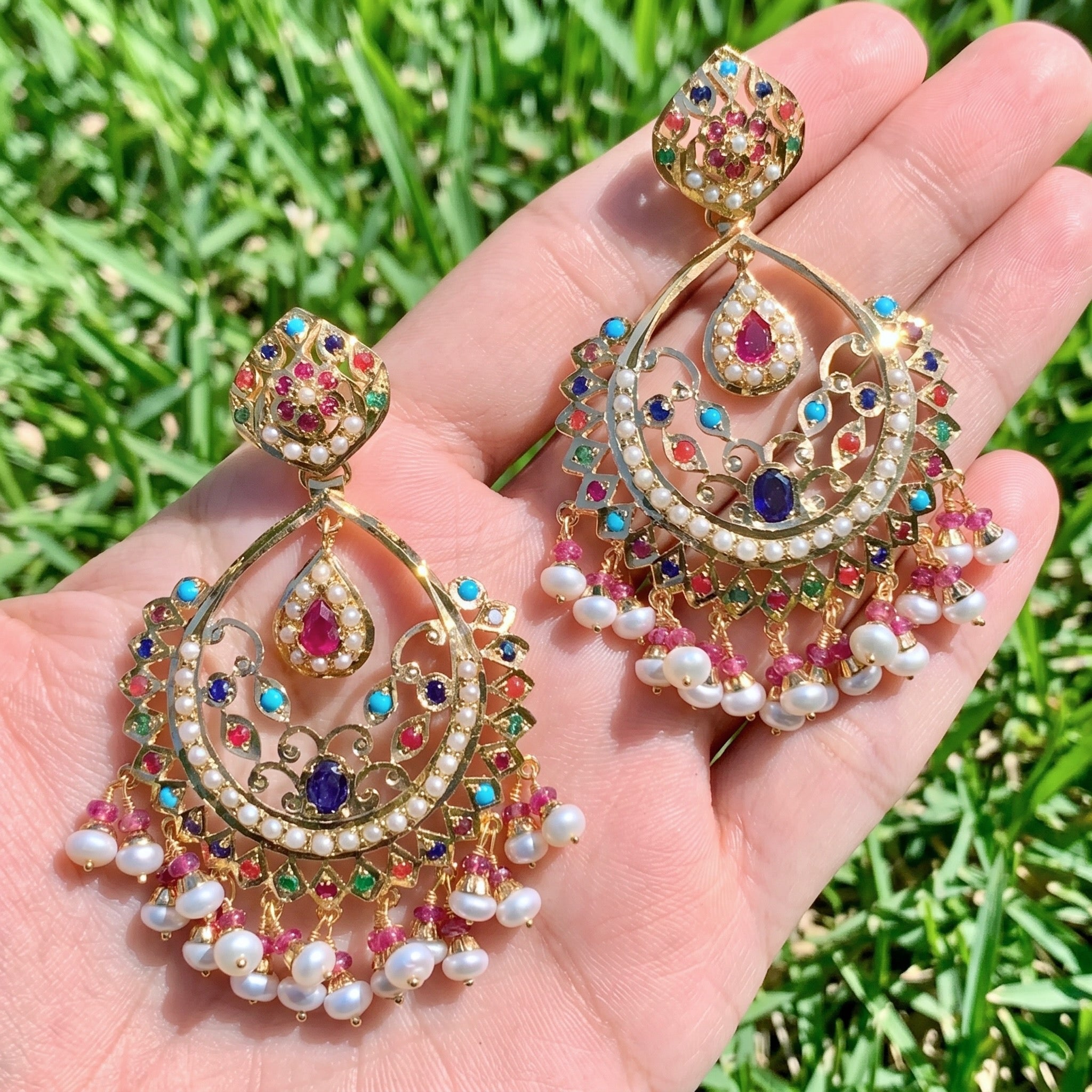 Indian Navratna Jewellery | Drop Shaped Chandbali Earrings ER 259