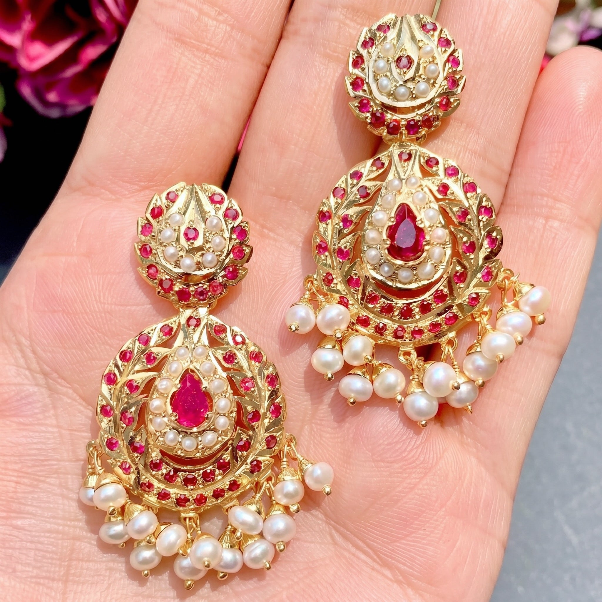 Gold Plated Ruby and Pearl Earrings in Silver ER 190