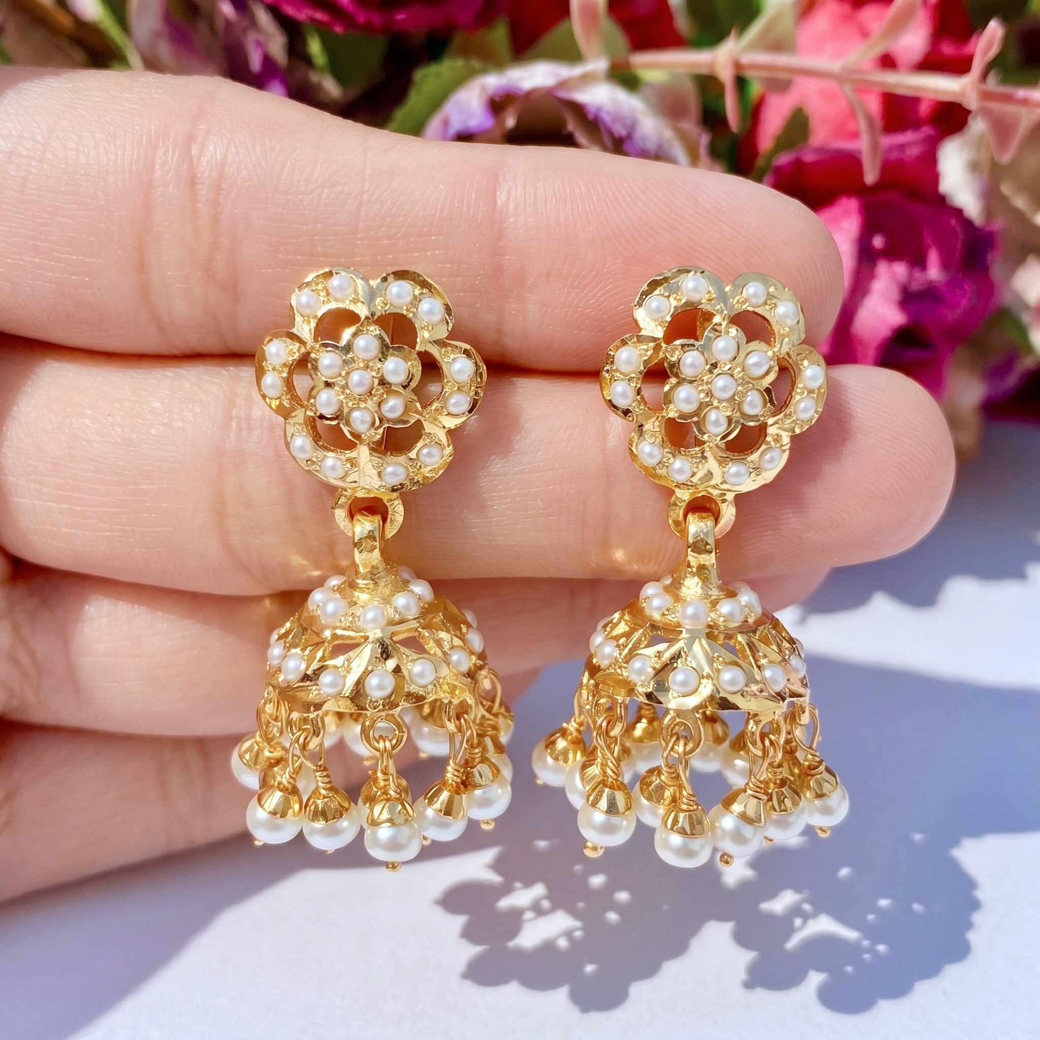 Gold Plated Silver Jhumkas Studded with Pearls | Hyderabadi Jadau Jhumka ER 152