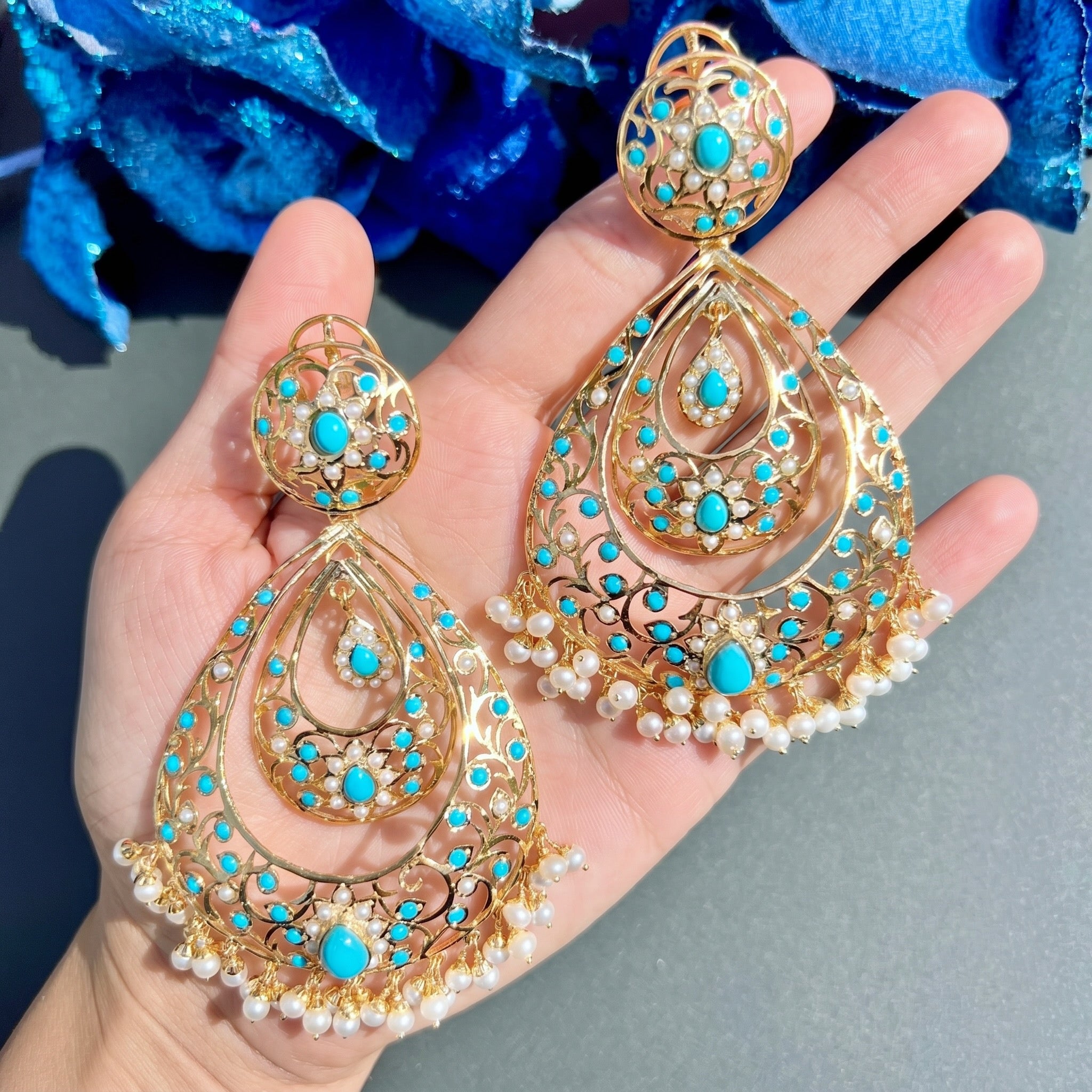 Long Drop Shaped Pearl and Turquoise Earrings | 925 Silver with Gold Plating ER 159