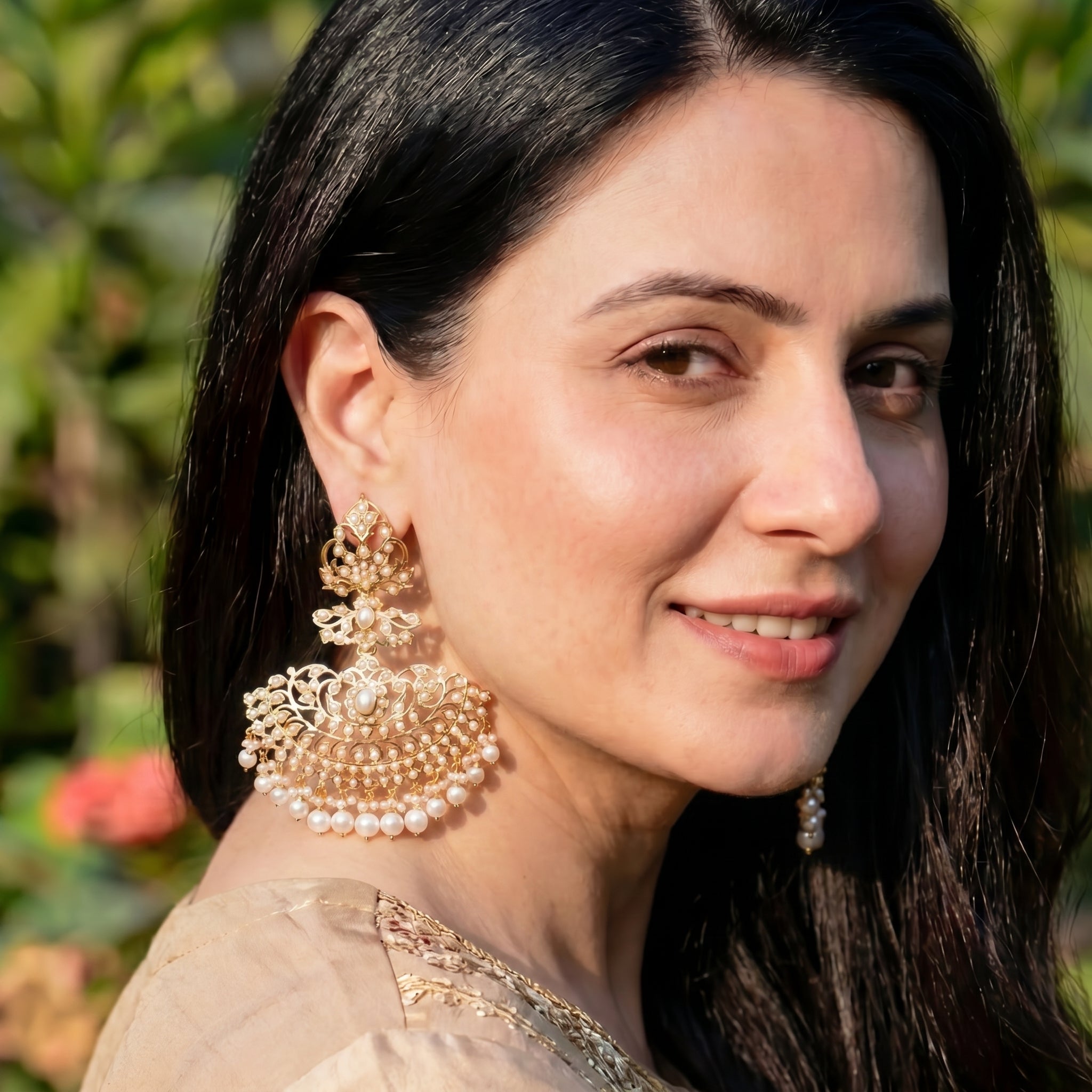 Intricately Crafted Pearl Earrings | Gold Plated Silver ER 306