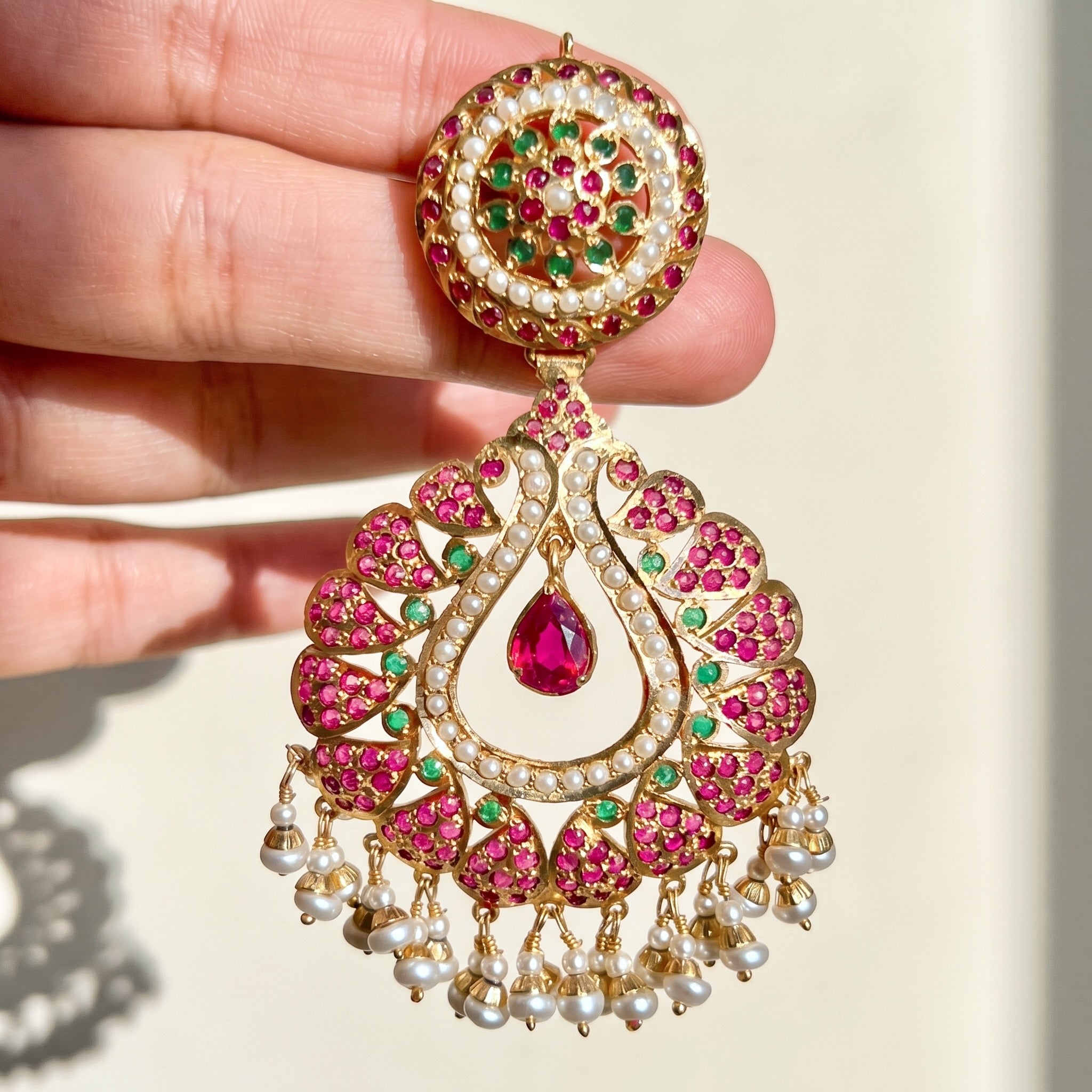 Ruby Emerald Pearl Chandbali | Gold Plated Silver | ER 435