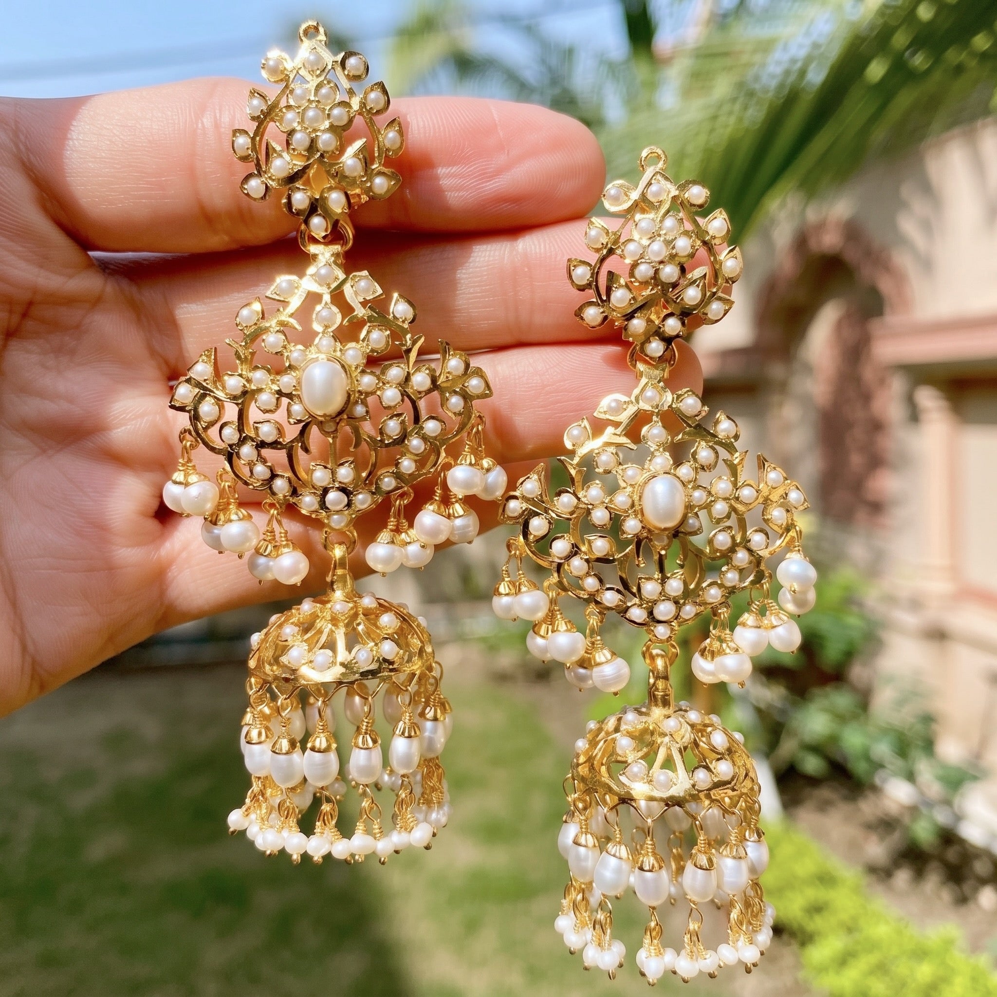 Long Pearl Jhumka Earrings | Antique Design | Gold Plated Silver ER 153