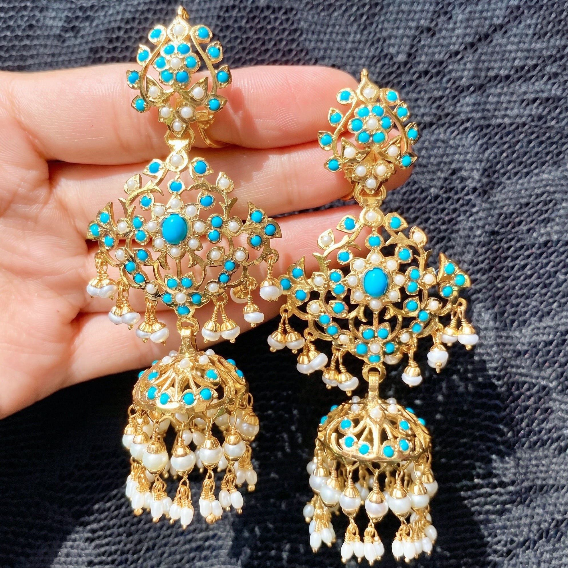 Long Pearl & Feroza Jhumka Earrings | Antique Design | Sterling Silver with Gold Plating ER 126