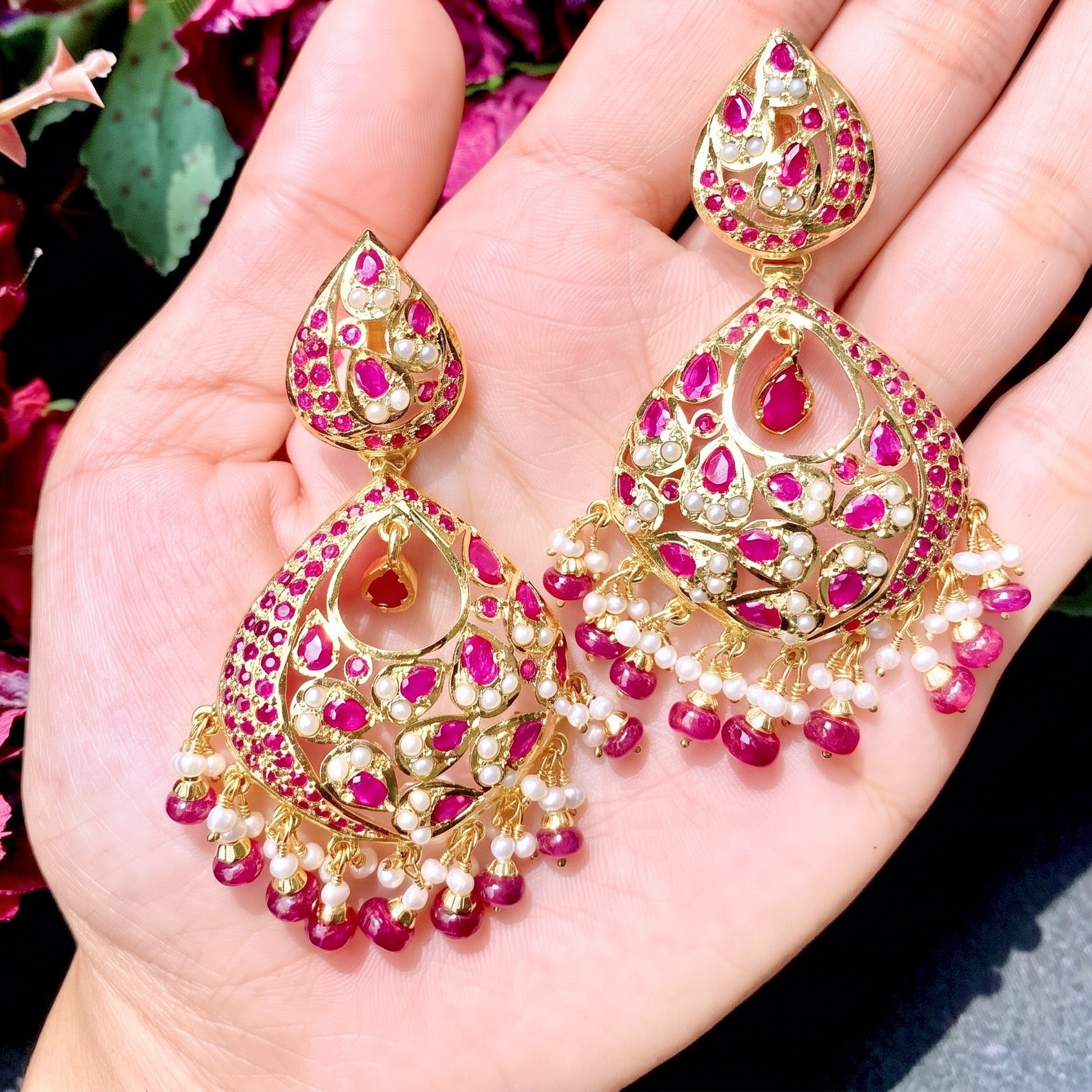 Pearl Ruby Jadau Chandbali Earrings | Gold Plated Silver Jewellery ER 125