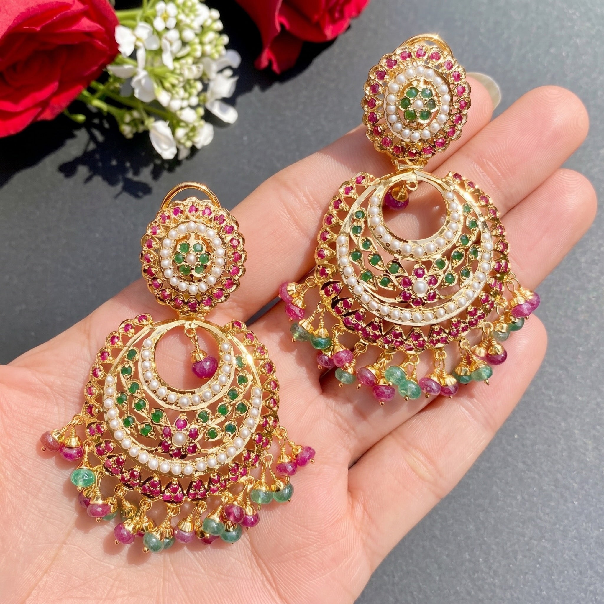 Multicoloured Chandbali / Brijbala Earrings in Gold Plated Silver ER 172