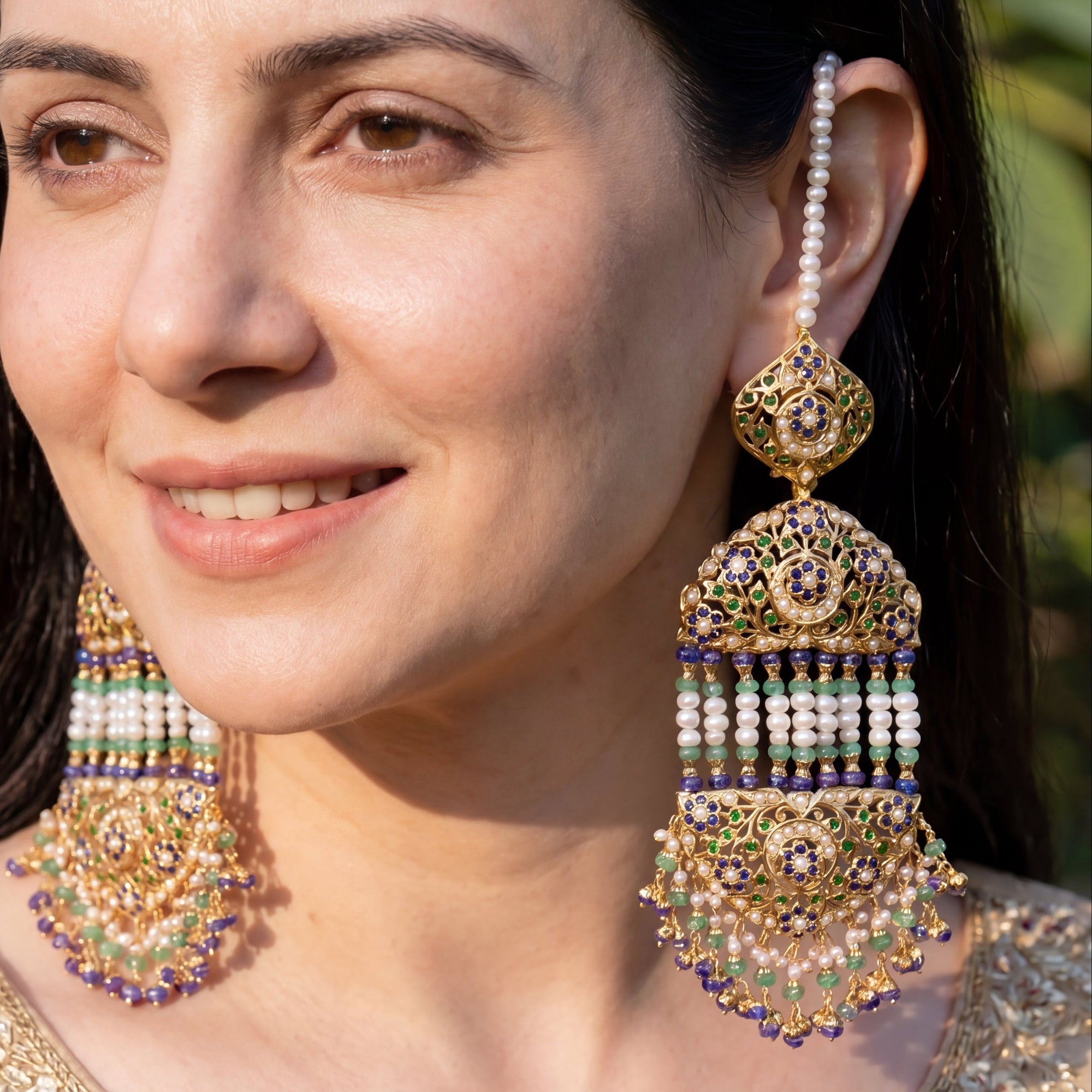 Grand Jhoomar Earrings | Freshwater Pearls & Emerald Beads | Gold Plated ER 299