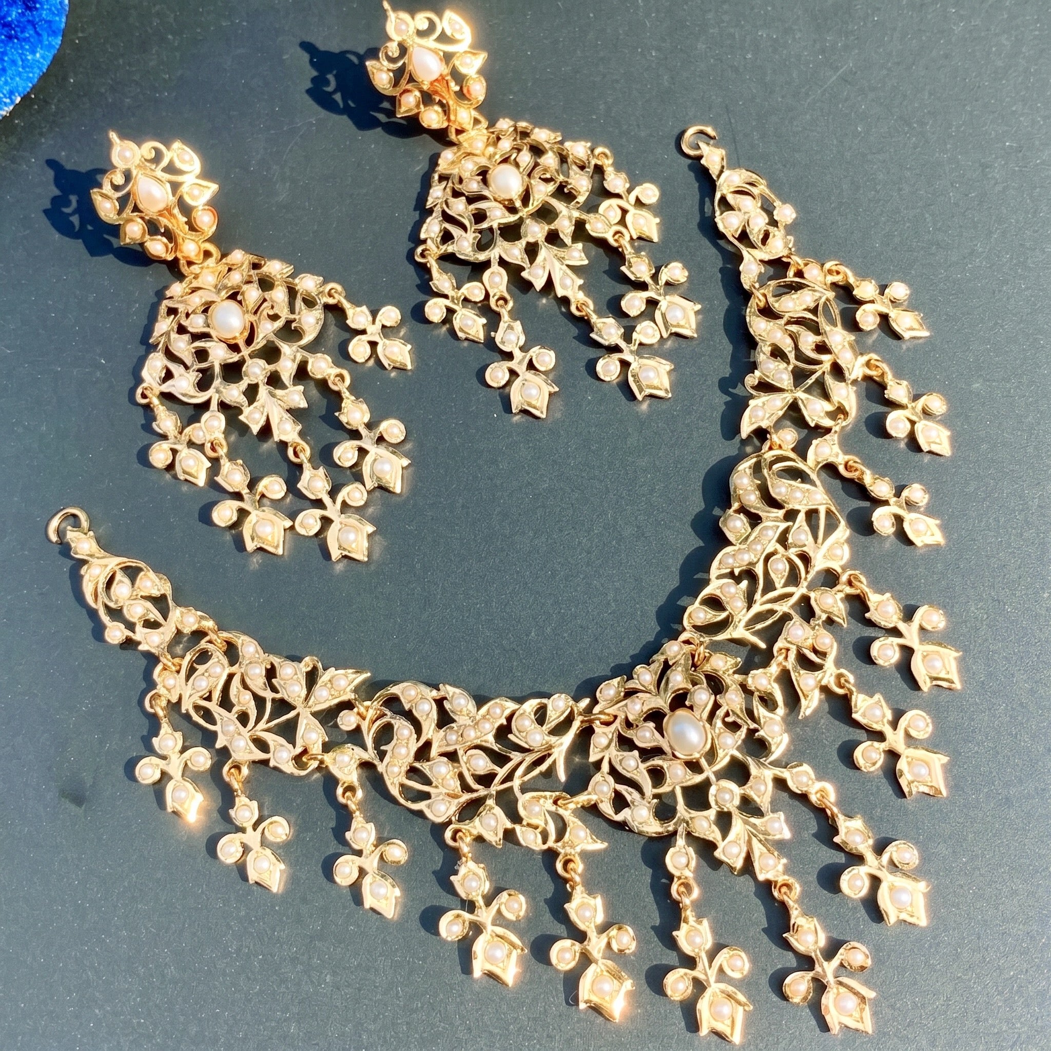 Antique Look Necklace Set | Gold Polished Sterling Silver | Studded with Freshwater Pearls NS 093