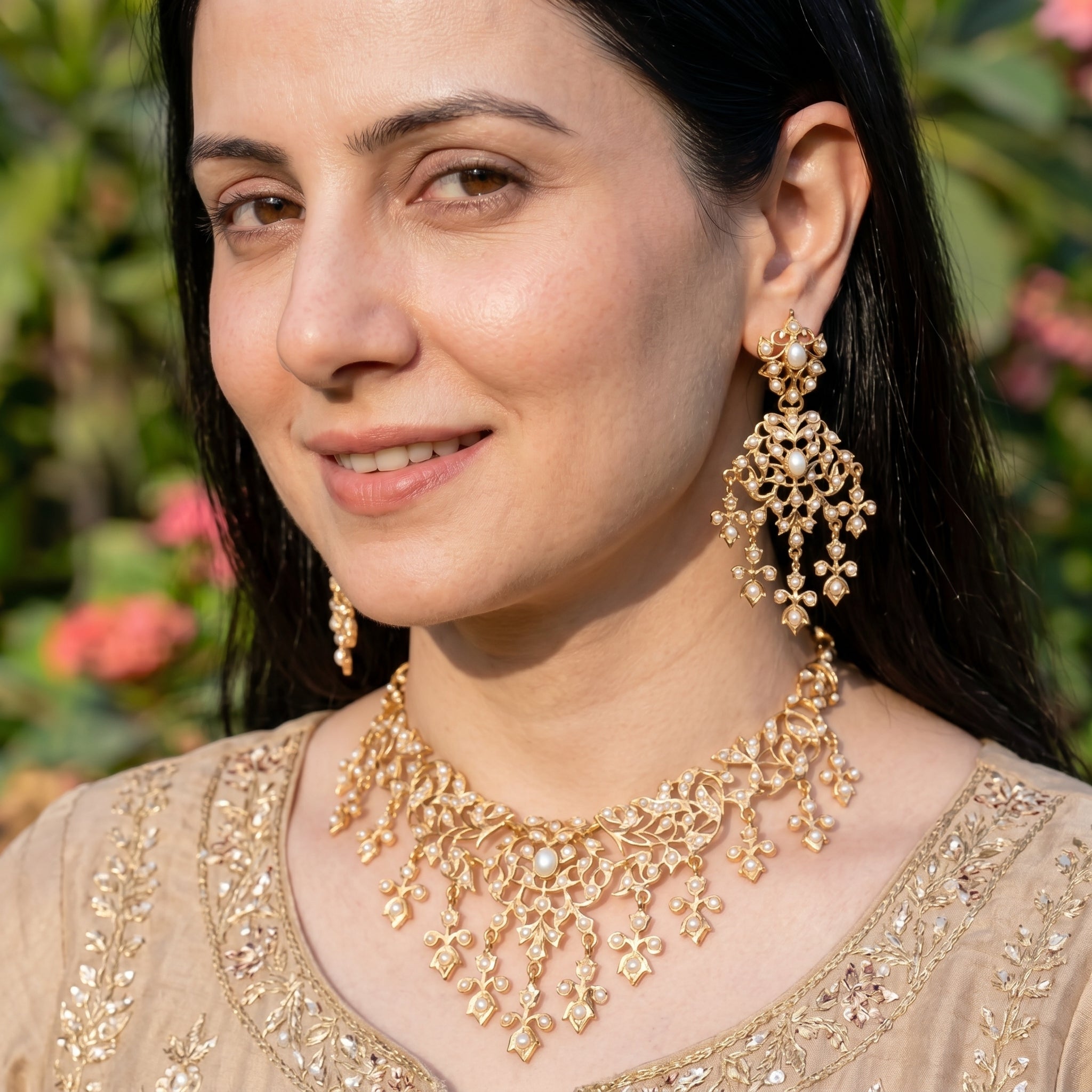 Antique Look Necklace Set | Gold Polished Sterling Silver | Studded with Freshwater Pearls NS 093